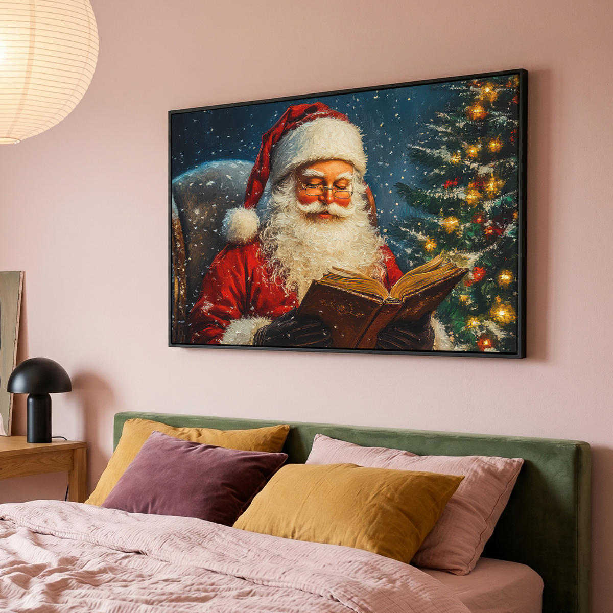 LEINWAND Bilder mit Rahmen - Weihnachtsmann - Weihnachten - Winter - Weihnachtsbaum - 150x100 - Bordeaux, Textil (150/100cm) - MuchoWow
