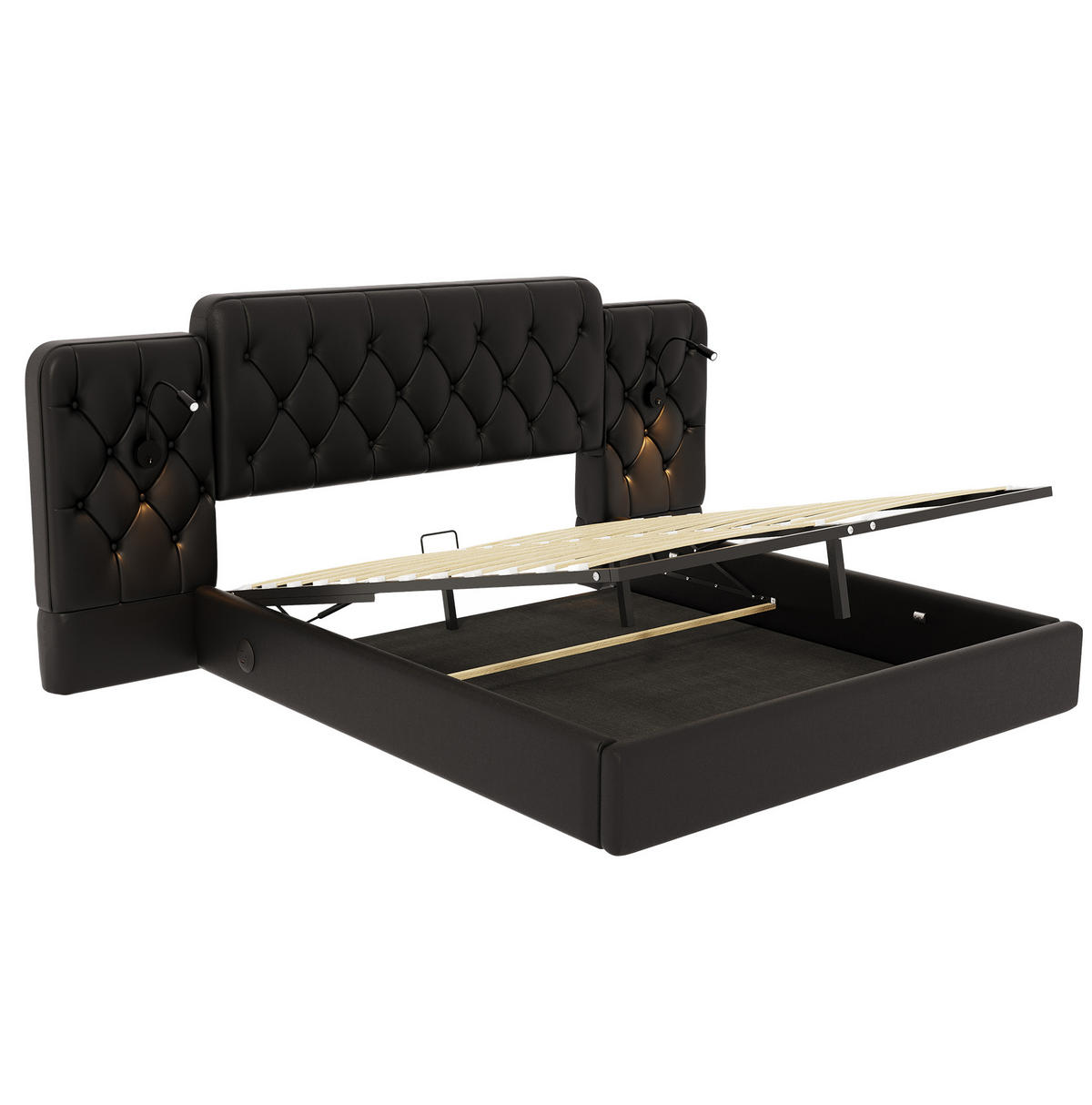 BETT mit Stauraum und USB 160x200 cm PU-Leder Schwarz - Schwarz, Metall (160/200cm) - Meubliv