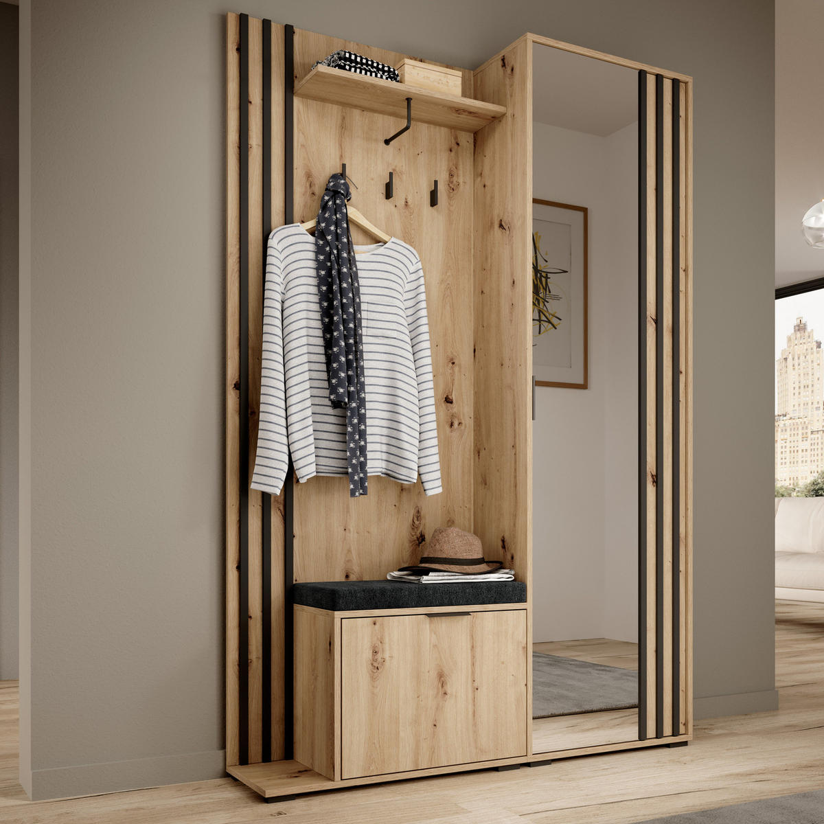 GARDEROBE STILO 131 cm (Artisan Eiche, Schwarze Lamellen, Spiegel, Sitzkissen, Metallgriffe) - Schwarz/Eiche Artisan, Holz/Holzwerkstoff (131/192/40cm) - Ravio