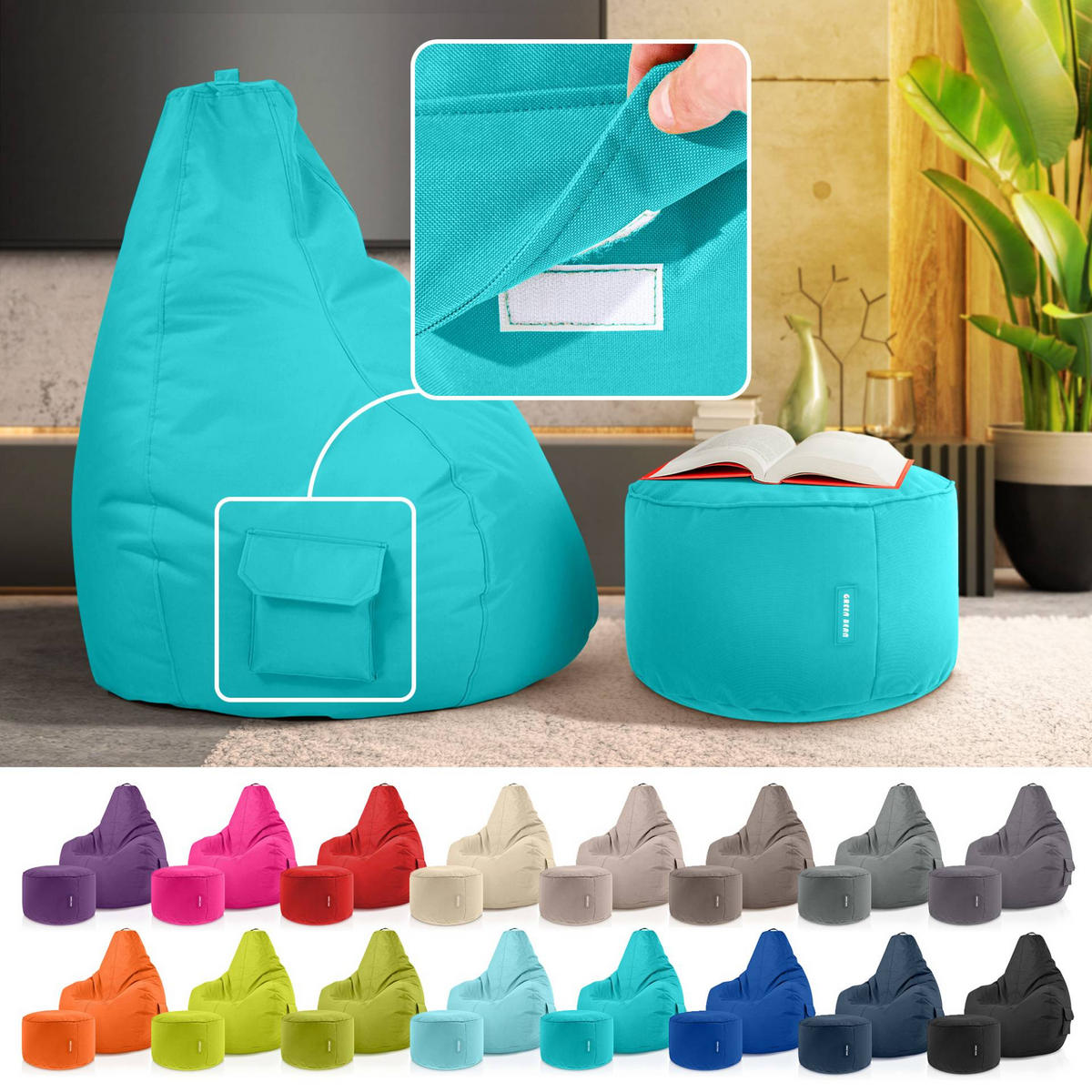 SITZSACK + Hocker "Cozy+Stay" 2er Set - Türkis, Textil (70/90/80cm) - Green Bean