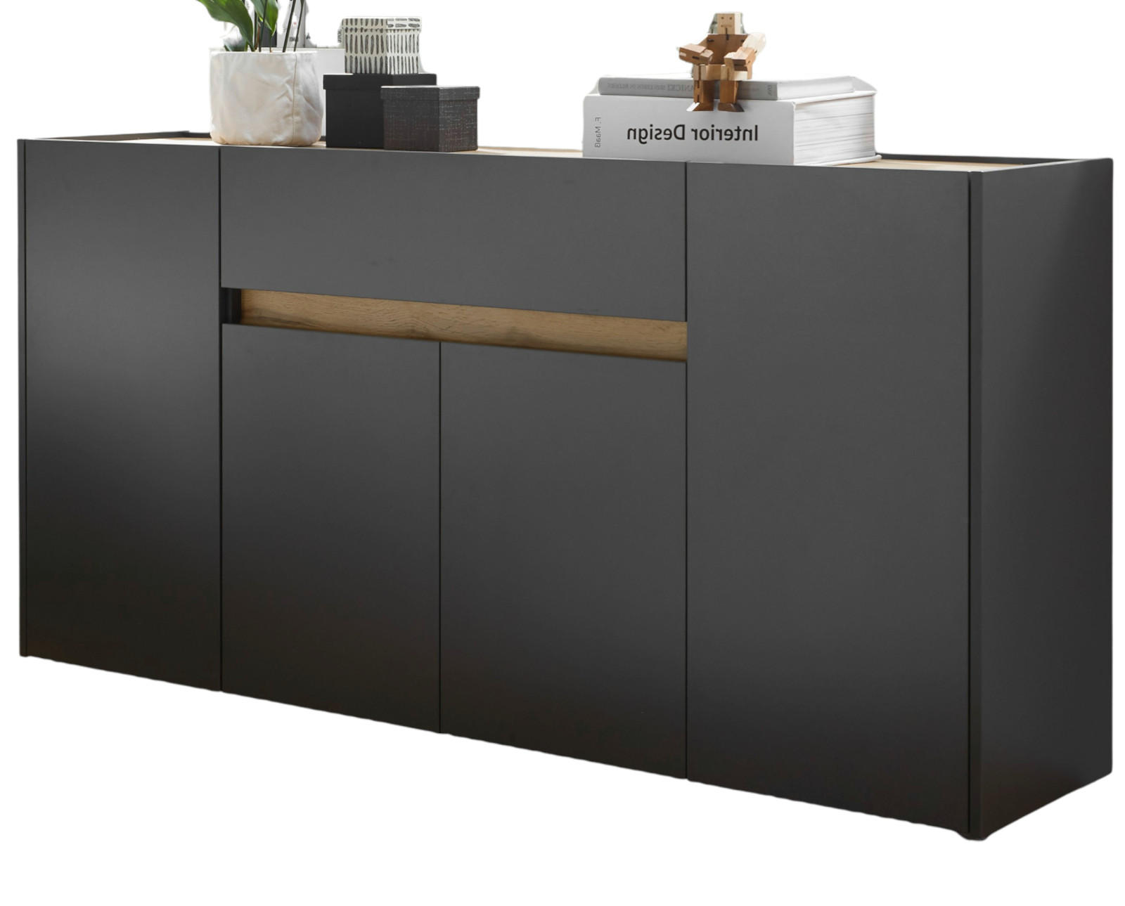 SIDEBOARD grau matt, Eiche Wotan 170 cm, Kommode 4-türig - Eiche Wotan/Schwarz, Holzwerkstoff/Kunststoff (170/87/40cm) - Furn.Design