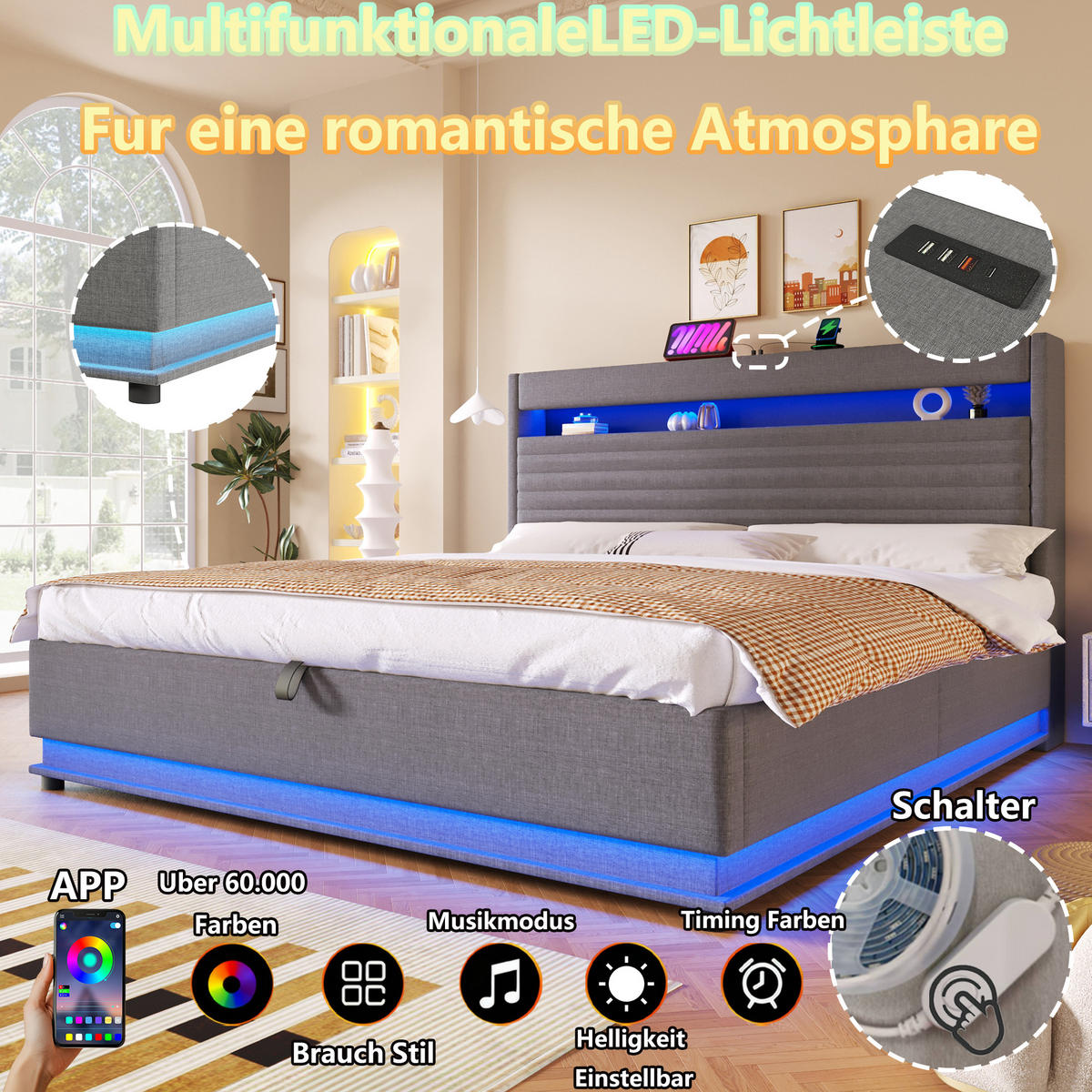 POLSTERBETT 180/200 cm Grau mit USB-Typ-C-Anschluss, LED-Beleuchtung und Ablagefach - Grau, Textil (180/200cm) - Oxeza