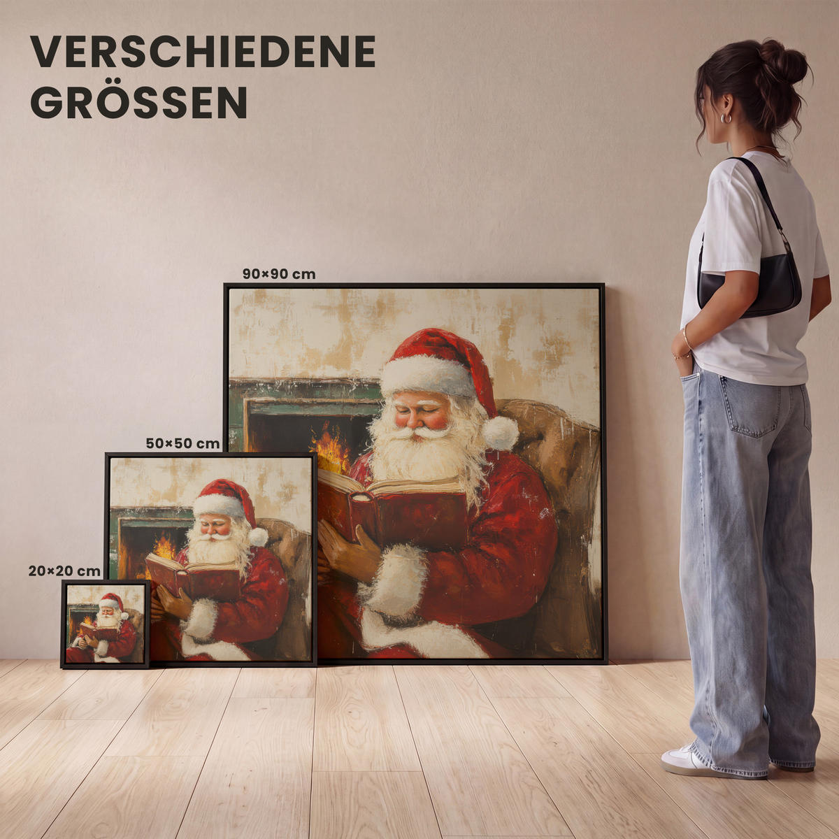 LEINWAND Bilder mit Rahmen - Weihnachten - Weihnachtsmann - Winter - Open Fireside - 20x20 - Dunkelrot, Textil (20/20cm) - MuchoWow