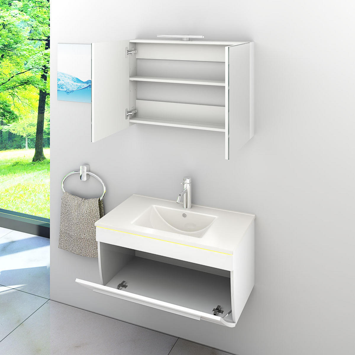 BADMÖBEL Set Gently 3 V1 Weiß MDF Waschtisch 80cm ohne LED-Beleuchtung - Weiß, Glas/Kunststoff (46/52/60cm) - AcquaVapore by Sandra Jentho