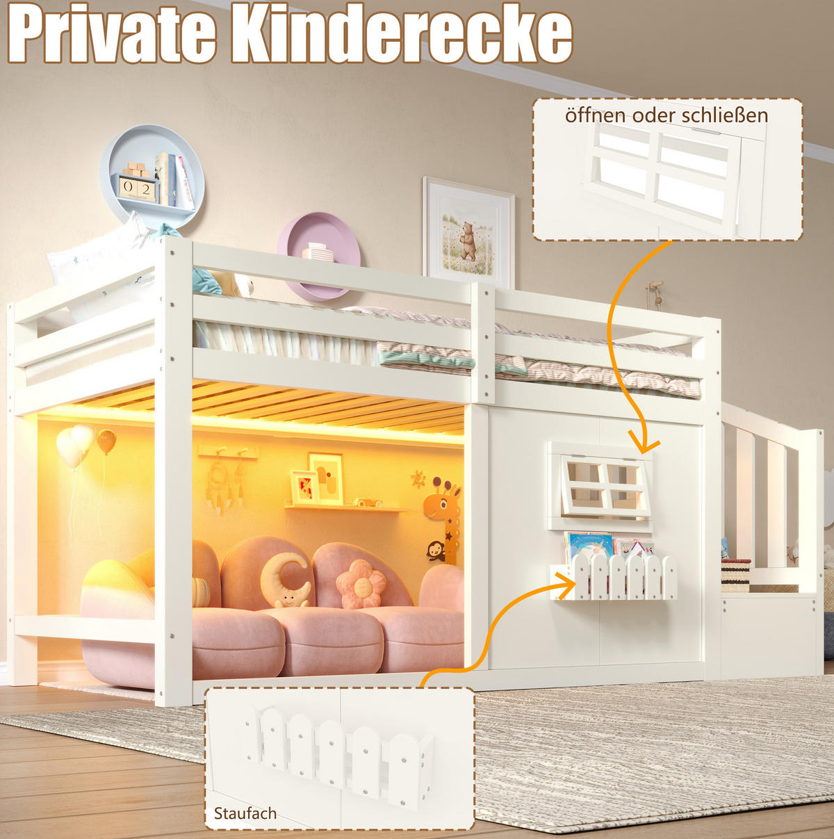 HOCHBETT aus Kiefernholz und MDF 90x200 cm Weiß mit Stauraumtreppe, Fenster und LED-Beleuchtung - Weiß, Holzwerkstoff (90/200cm) - Modfu