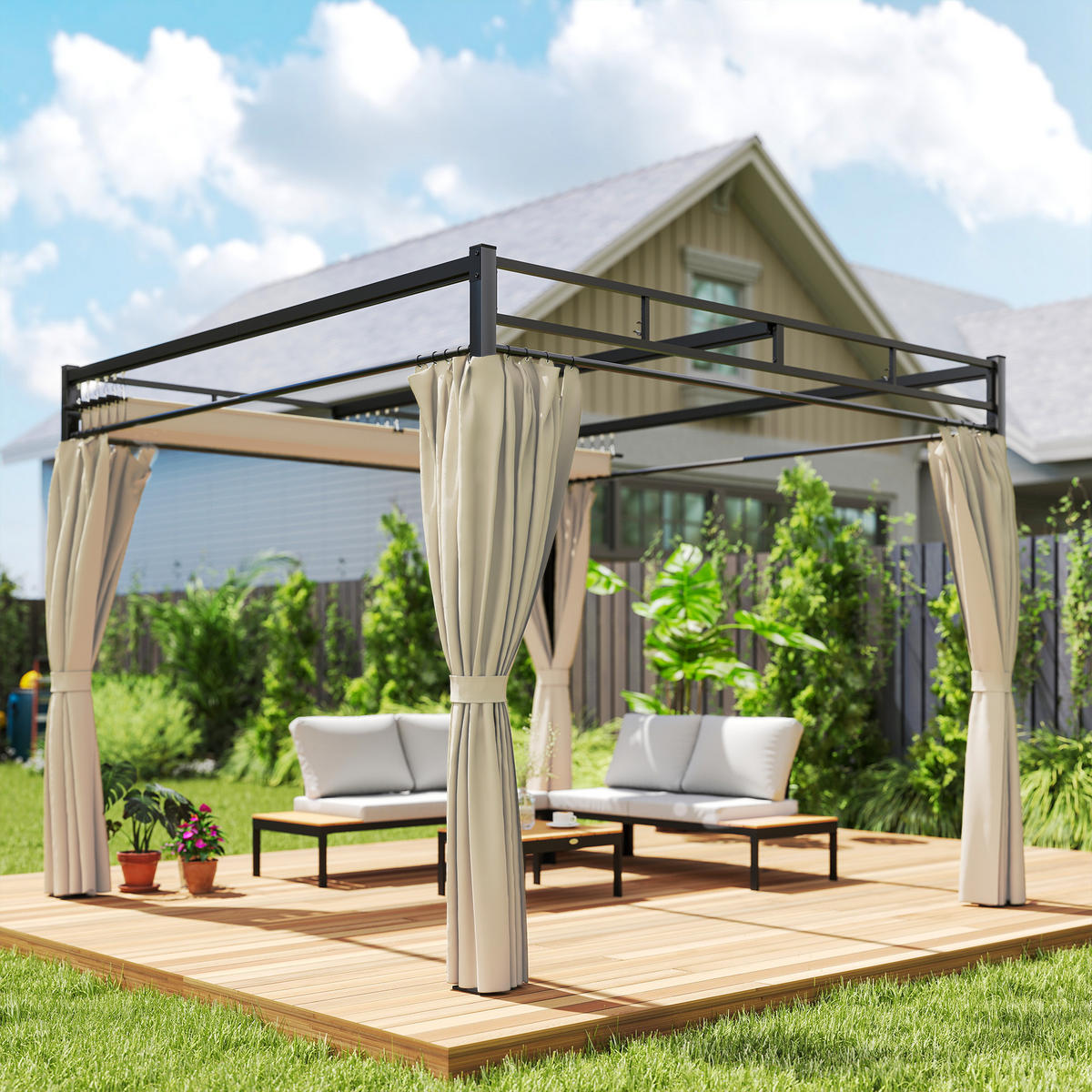 PERGOLA DE-12712 300/300 cm ausziehbar mit 4 Vorhängen UPF30+ Beige - Beige, Metall (295/221/295cm) - ComfortXL