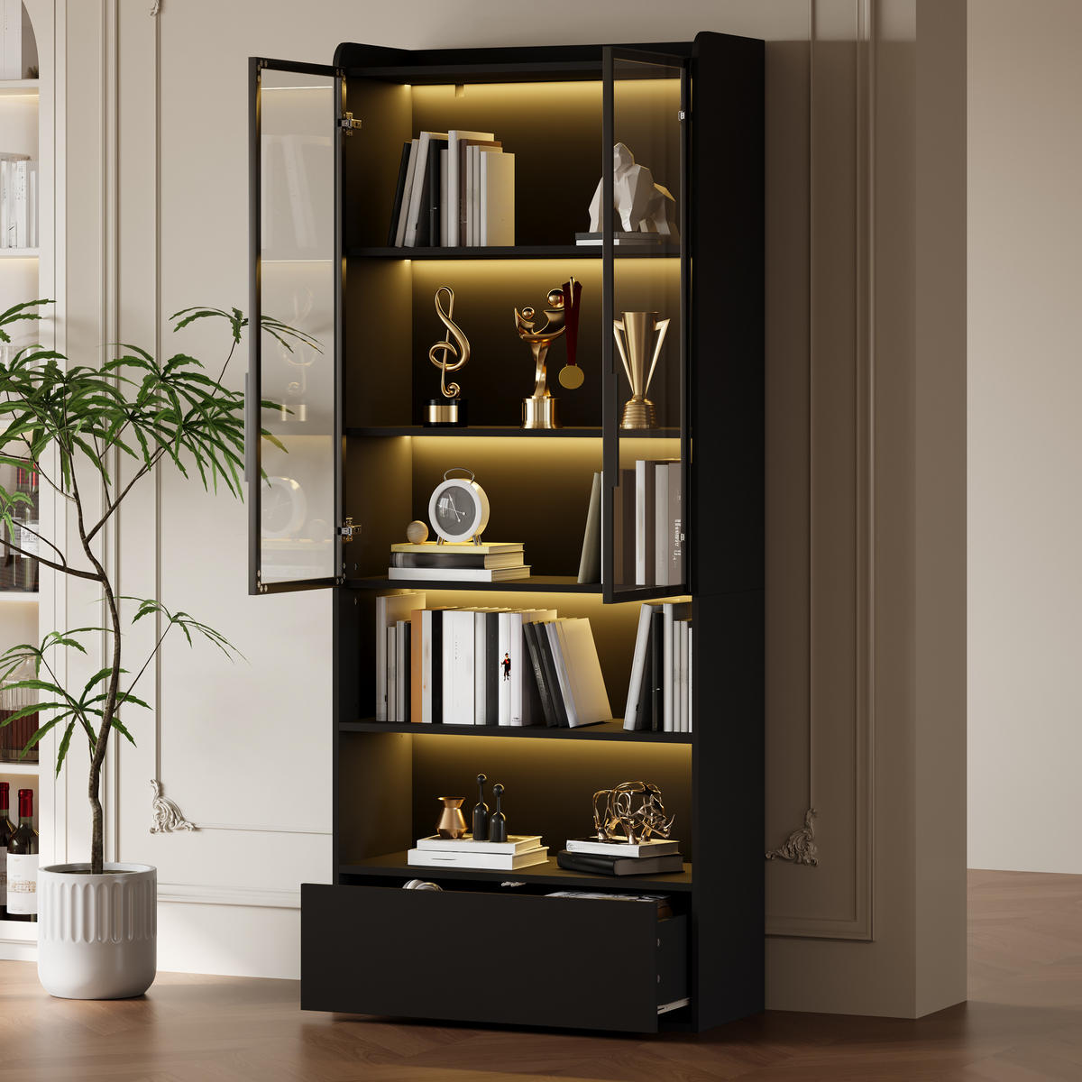 VITRINE schwarz mit Glastüren, einer Schublade und App-gesteuerter LED-Beleuchtung 80 × 34 × 180 cm aus MDF und Glas - Schwarz, Holzwerkstoff (80/180/34cm) - Luhomfu