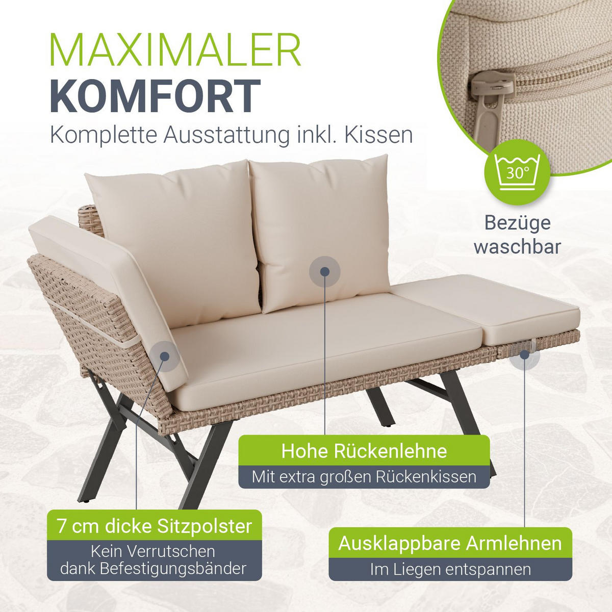 GARTENBANK Calvia klappbar creme/sand - Creme, Kunststoff/Metall - Juskys