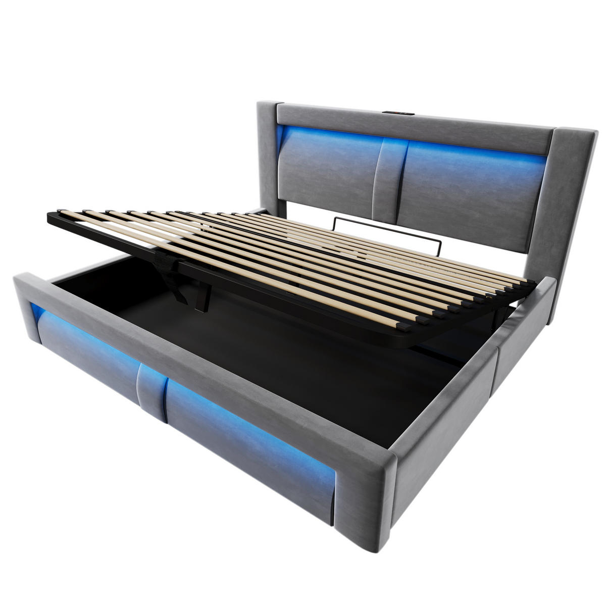 POLSTERBETT 160/200 cm Grau aus Samt mit Stauraum und LED - Grau, Textil (160/200cm) - OKWISH