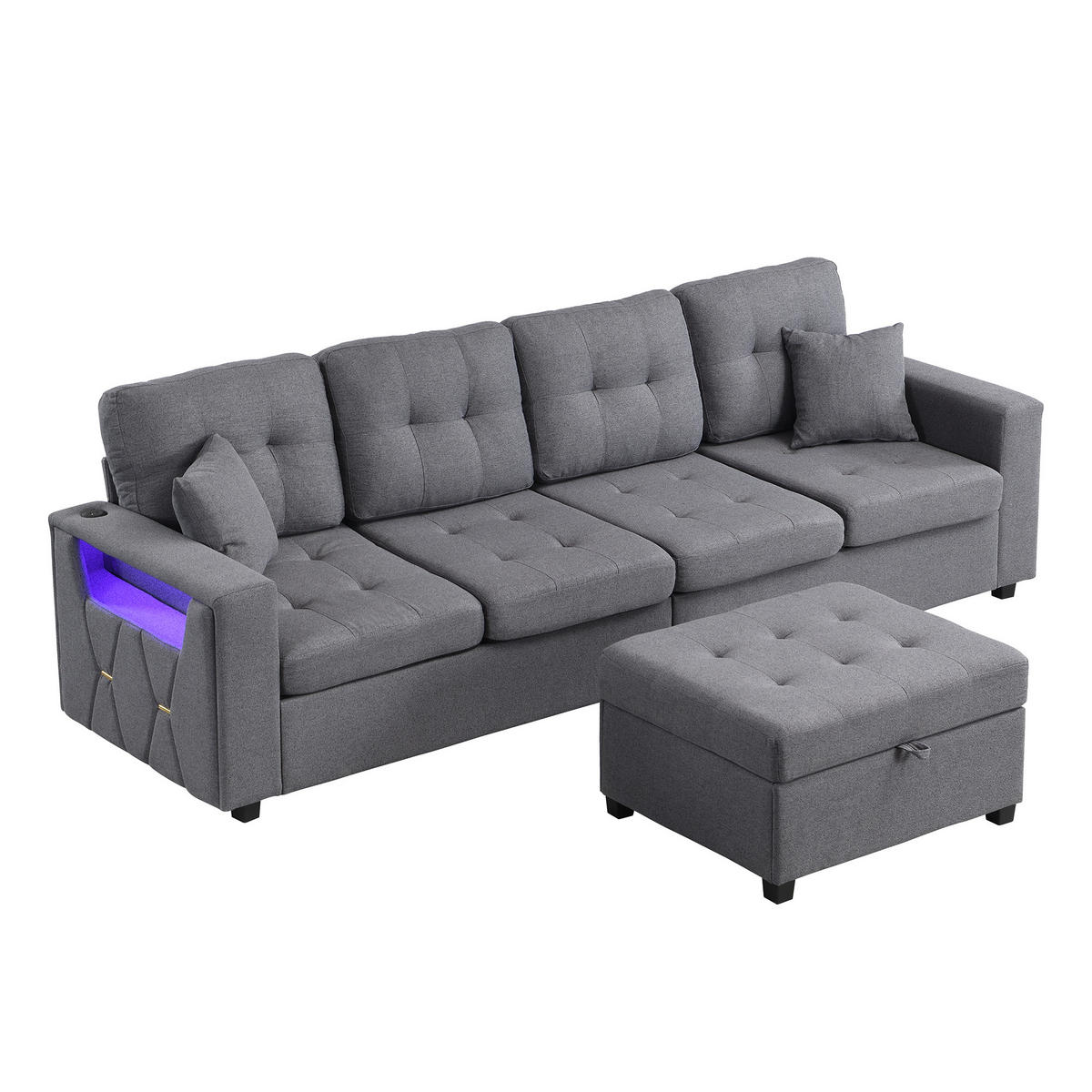 ECKSOFA 253/144.5/80.7 cm Antikgrau mit Aufbewahrungshocker, LED Stimmungslicht und Stauraum - Grau, Kunststoff/Textil (253/144.5cm) - Oxeza
