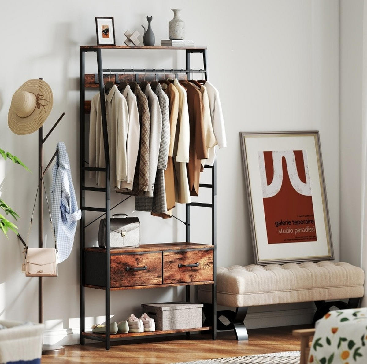 GARDEROBE 80/180/30 cm Braun aus Holz und Metall mit Schuhregal - Braun, Holz (30/180/80cm) - OKMYHOME