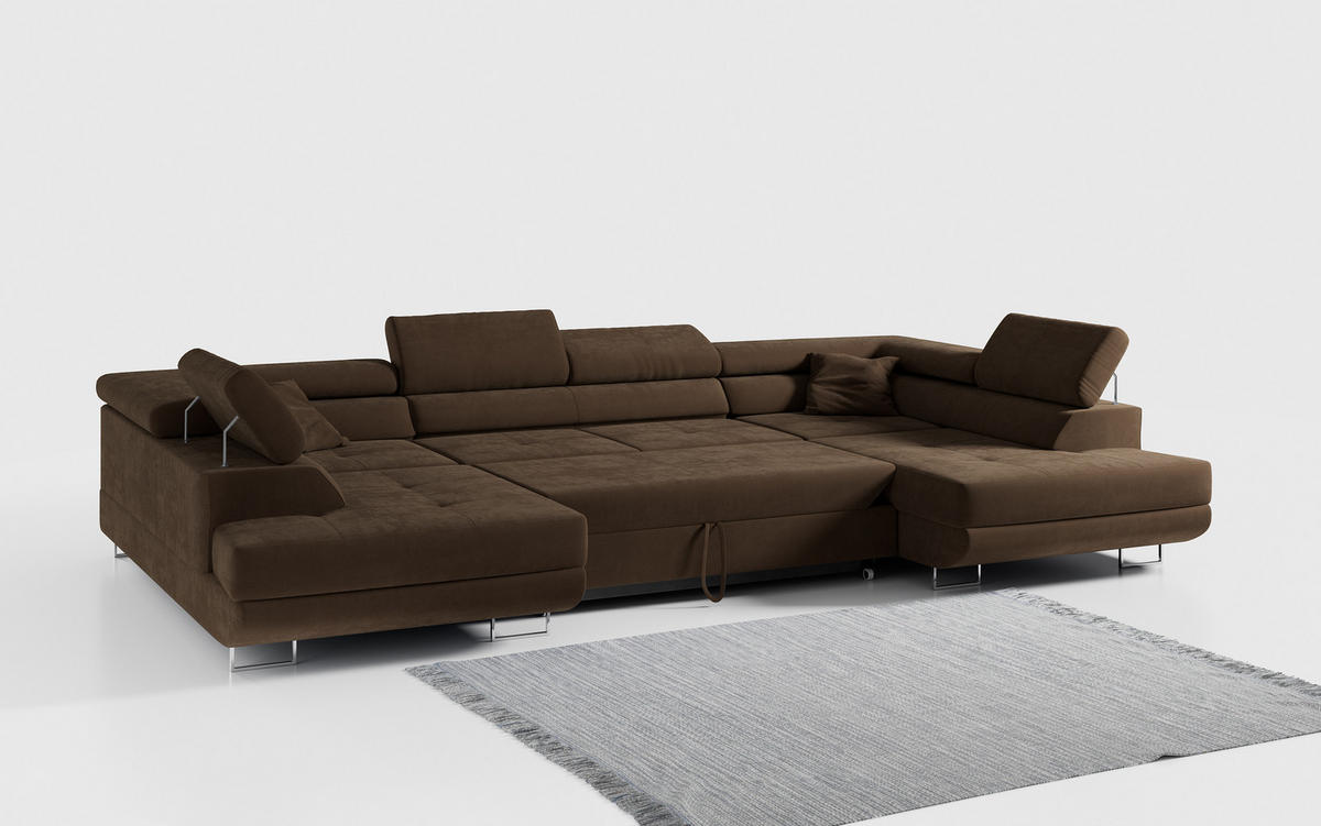WOHNLANDSCHAFT GUSTAW U Braun Velvet - Silberfarben/Braun, Textil/Metall (340/55/205cm) - MKS