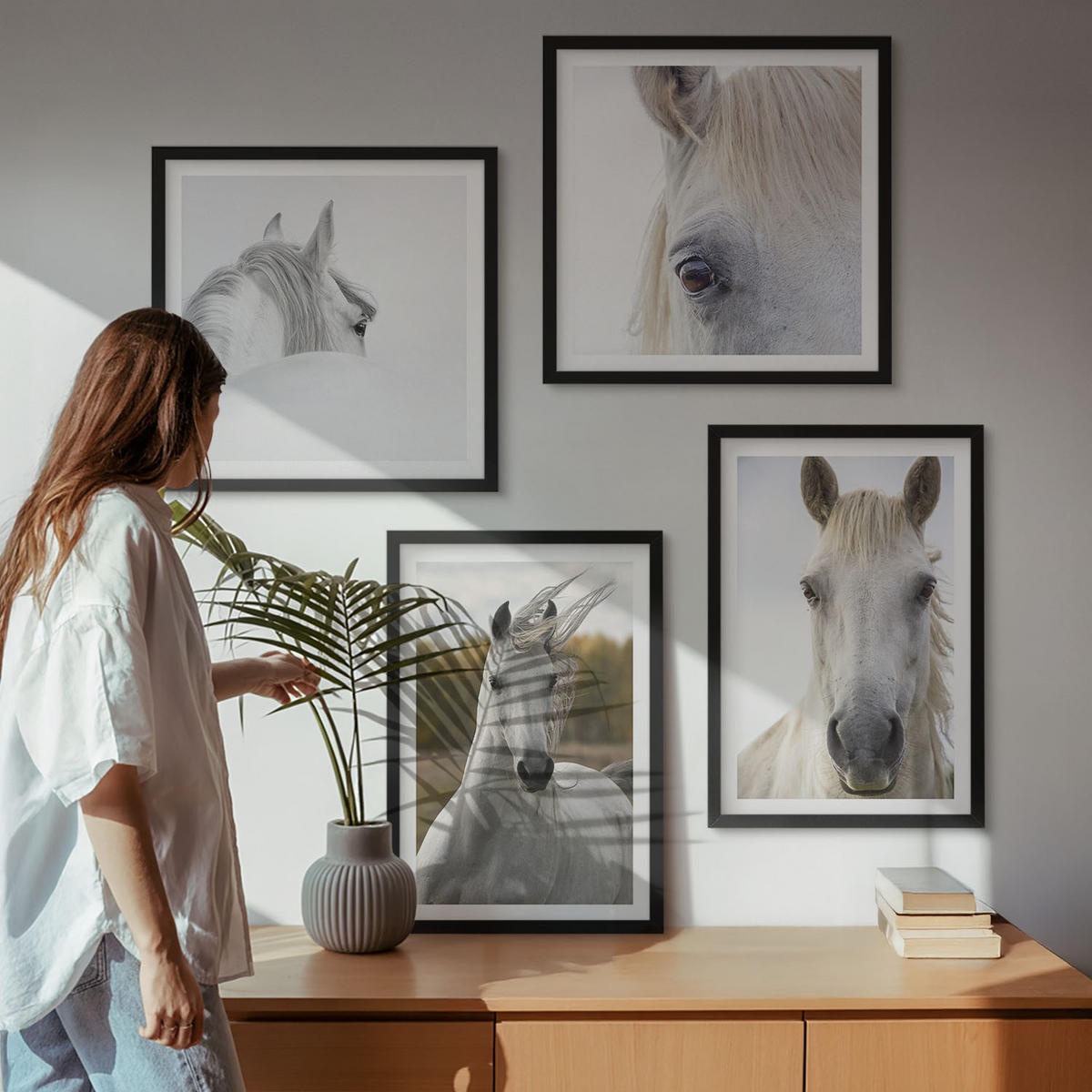 WANDBILDER 4er-Set - 50x50 cm & 40x60 cm Schwarzer Rahmen - Weiße Pferde - Schwarz, Kunststoff (50/50cm) - ArtPrintCave