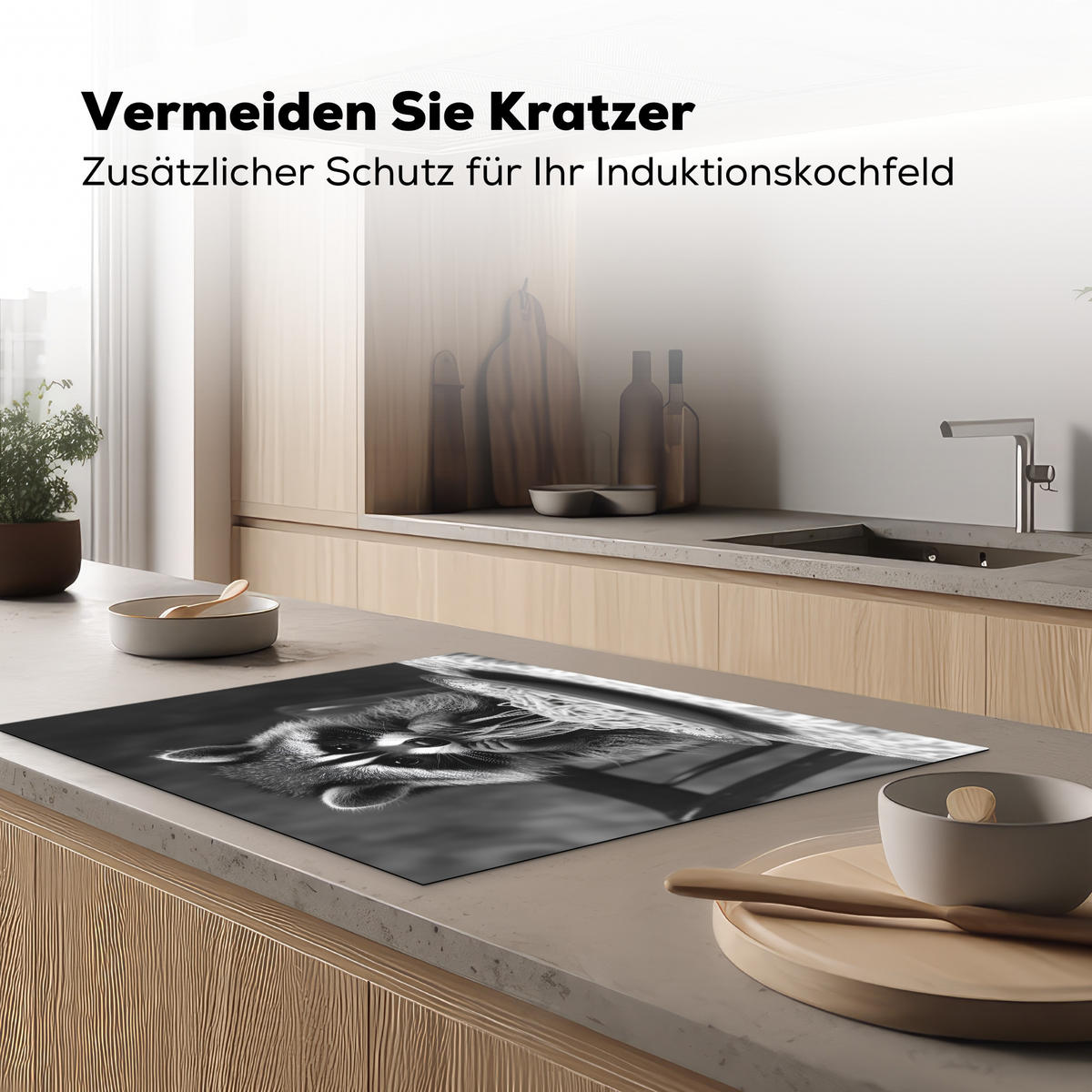 HERDABDECKPLATTE Waschbär - Niedlich - Pasta - Tischtuch - Schwarz - Weiß Induktionsmatte 77x59 cm - Grau, Kunststoff (77/59/0.2cm) - MuchoWow