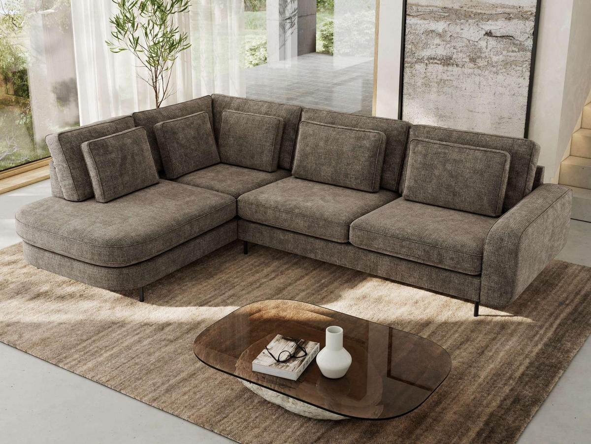 ROHOVÁ SEDAČKA CALENO L - Hnědá hladký senil - Pravá Strana - černá/hnědá, kov/textil (317/225cm) - MKS