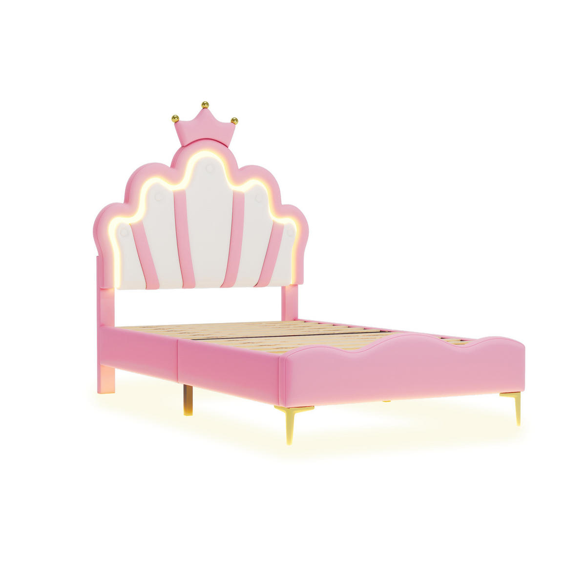 POLSTERBETT 90/200 cm mit LED-Beleuchtung, Kronen-Kopfteil aus PU-Kunstleder, Rosa - Rosa, Kunststoff (90/200cm) - Redom