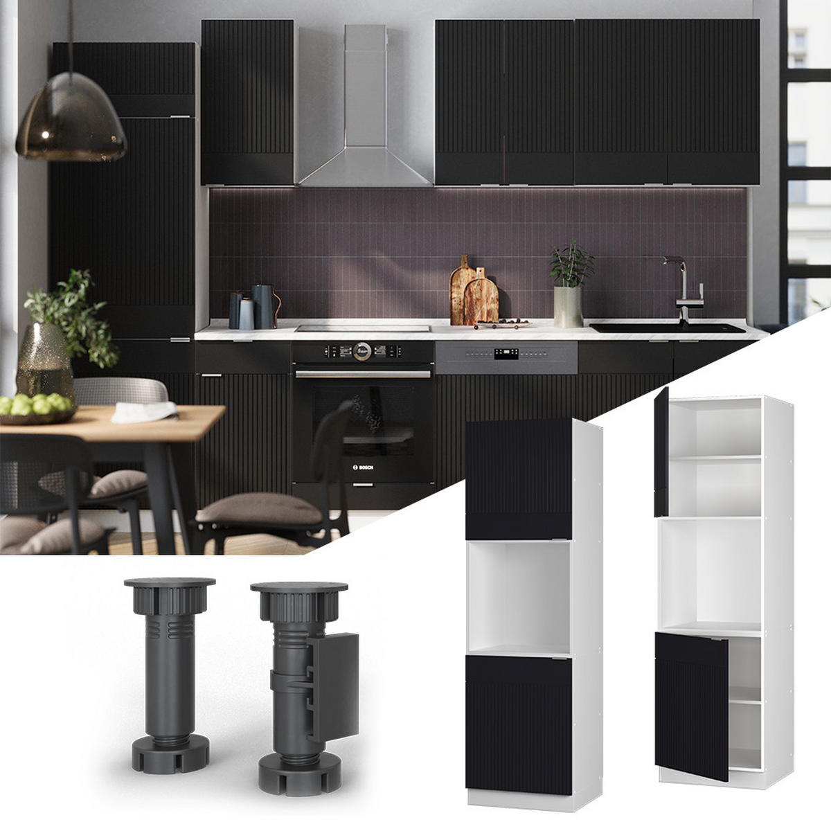 SKŘÍŇKA KE SPORÁKU Fame-Line, černé pruhy, 60 cm s otevřenou policí - bílá/černá, kompozitní dřevo (60/206.8/58cm) - Vicco