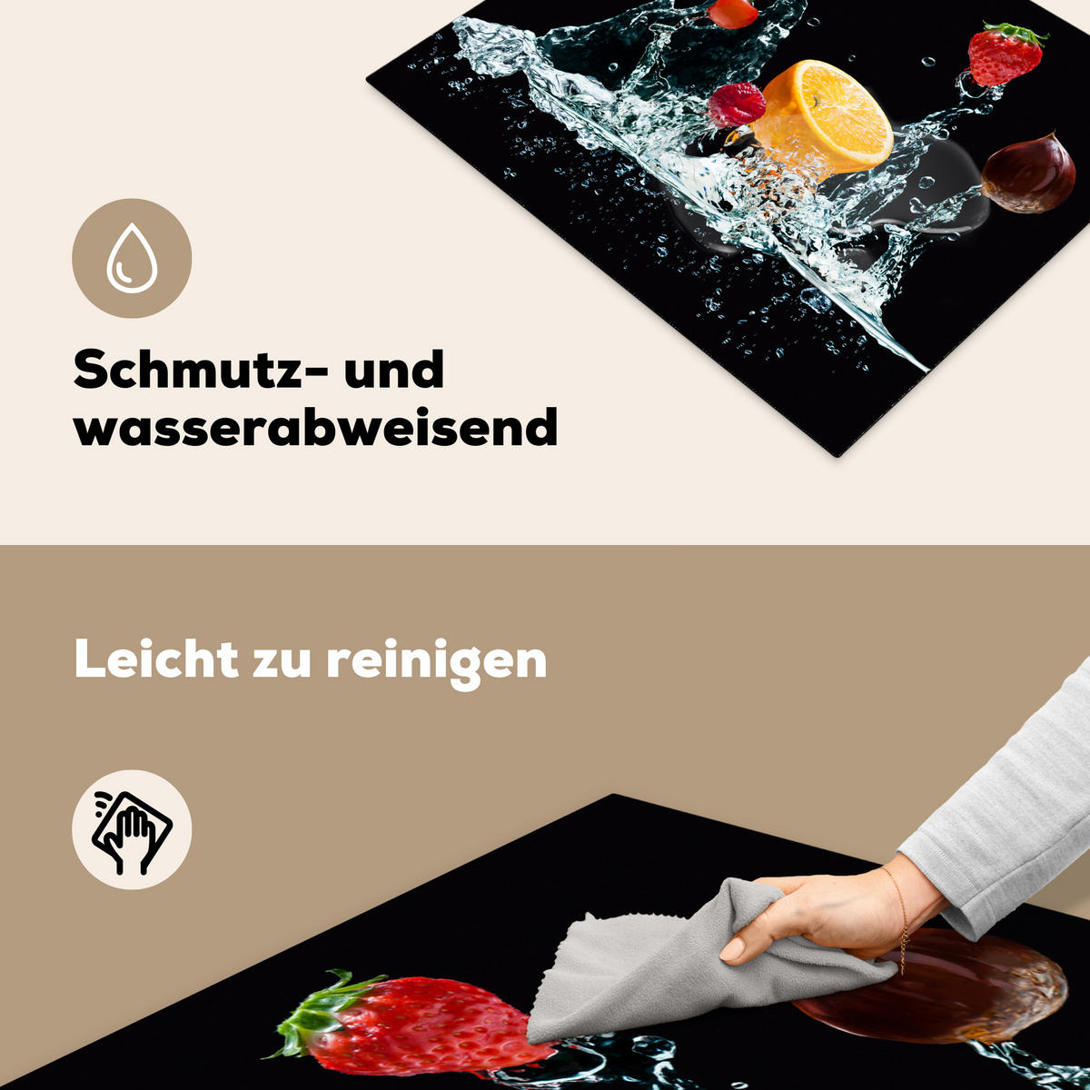 HERDABDECKPLATTE Wasser - Obst - Orange - Erdbeere - Kirsche - Schwarz 65x52 cm - Orange, Kunststoff (65/52/0.2cm) - MuchoWow