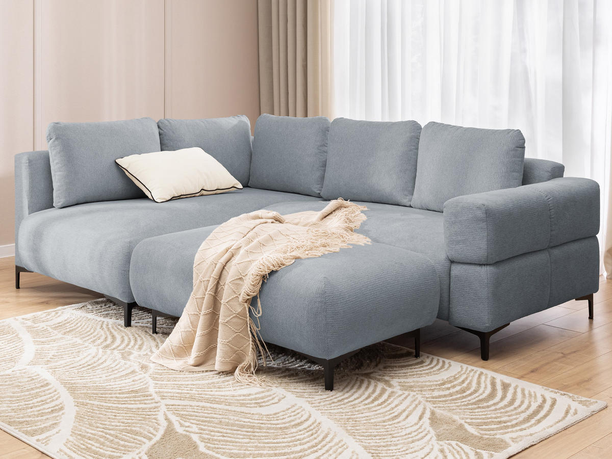 ECKSOFA inkl. Hocker Cardea mit Schlaffunktion in Bubble-Optik aus weichem Grau Strukturstoff und hohem Sitzkomfort - Ottomane links - Schwarz/Grau, Holz/Textil (170/230cm) - S-Style Möbel