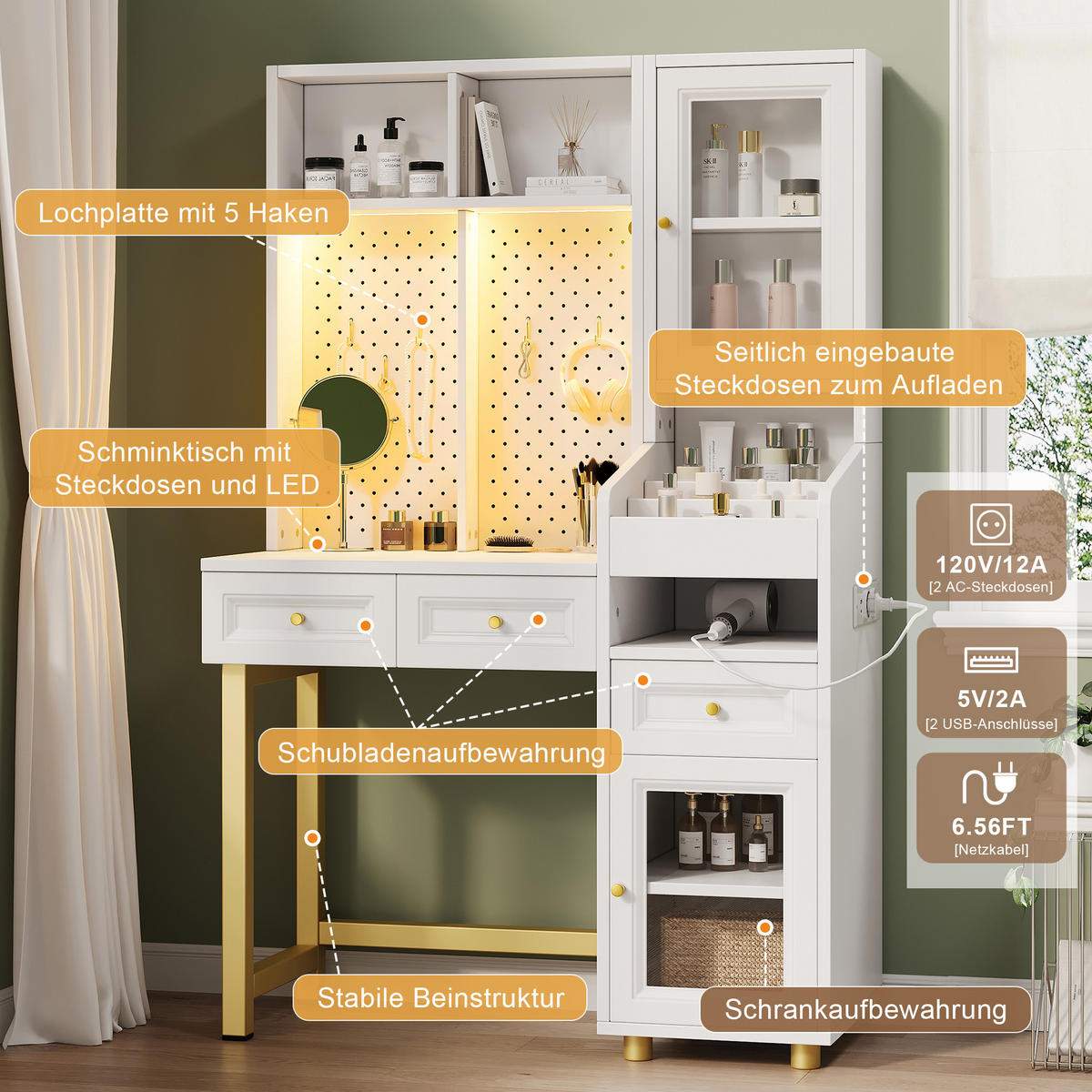 SCHMINKTISCH in Weiß mit LED-Beleuchtung und Glasvitrine für Schlafzimmer, B100/T45/H156 cm - Goldfarben/Weiß, Holzwerkstoff/Metall (100/156/45cm) - STILVORA