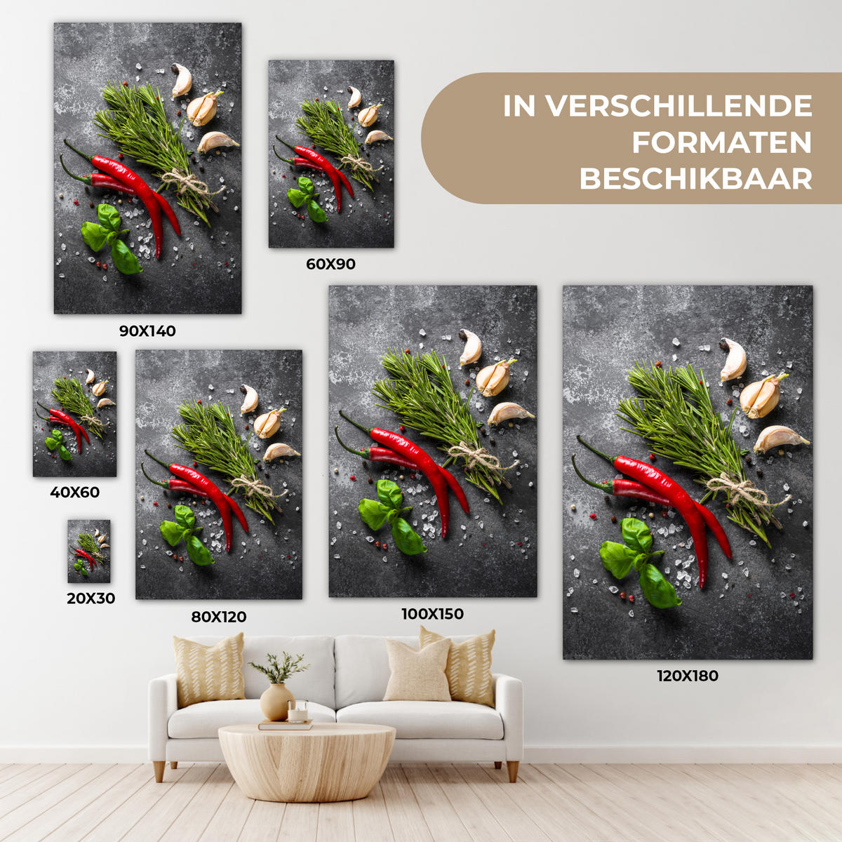 LEINWANDBILD Pfeffer - Kräuter - Gewürze - Beton Deko Wohnzimmer 20x30 cm - Dunkelgrau, Textil (20/30cm) - MuchoWow