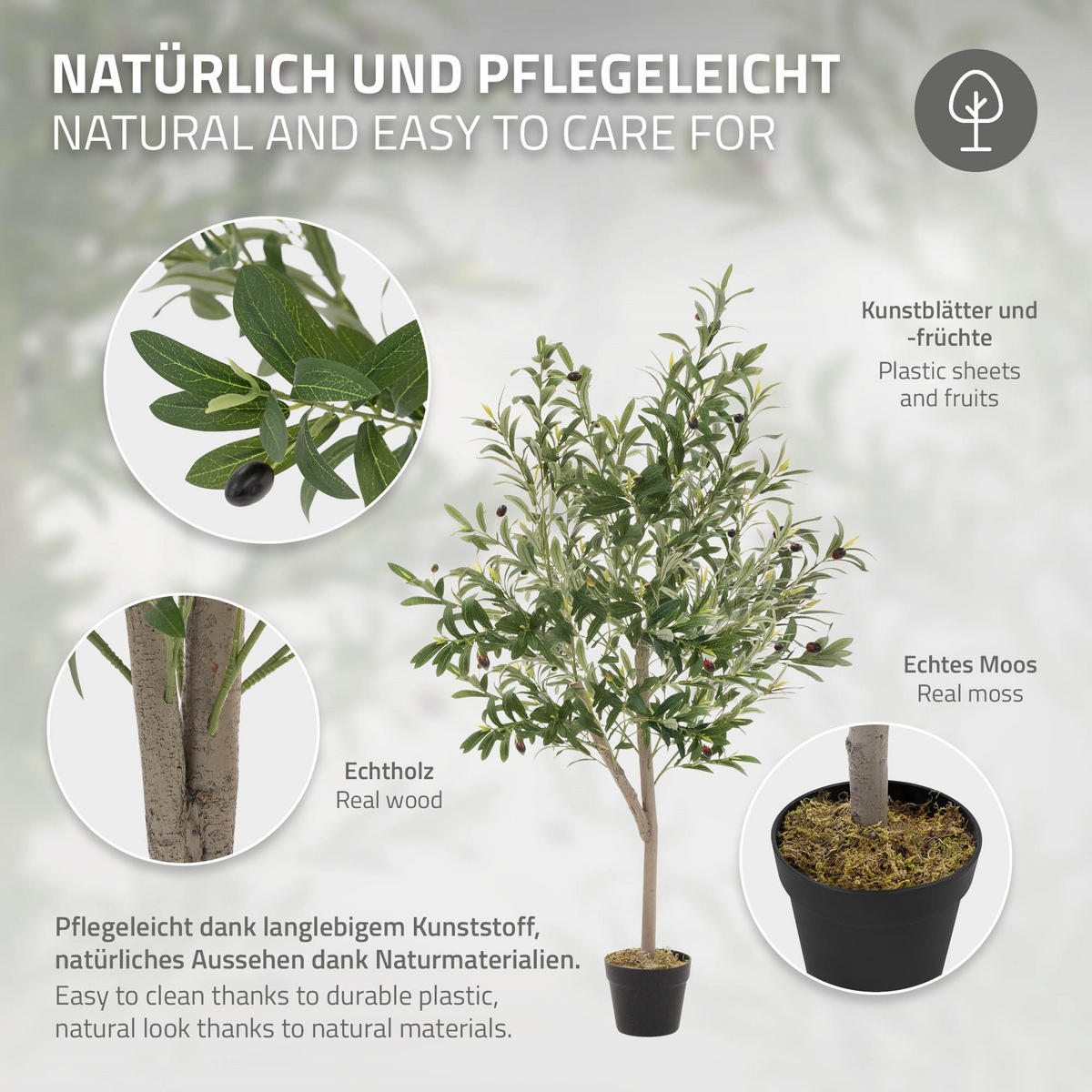 KUNSTPFLANZE Olive - Anthrazit/Grün, Holz/Kunststoff (150cm) - ML-DESIGN