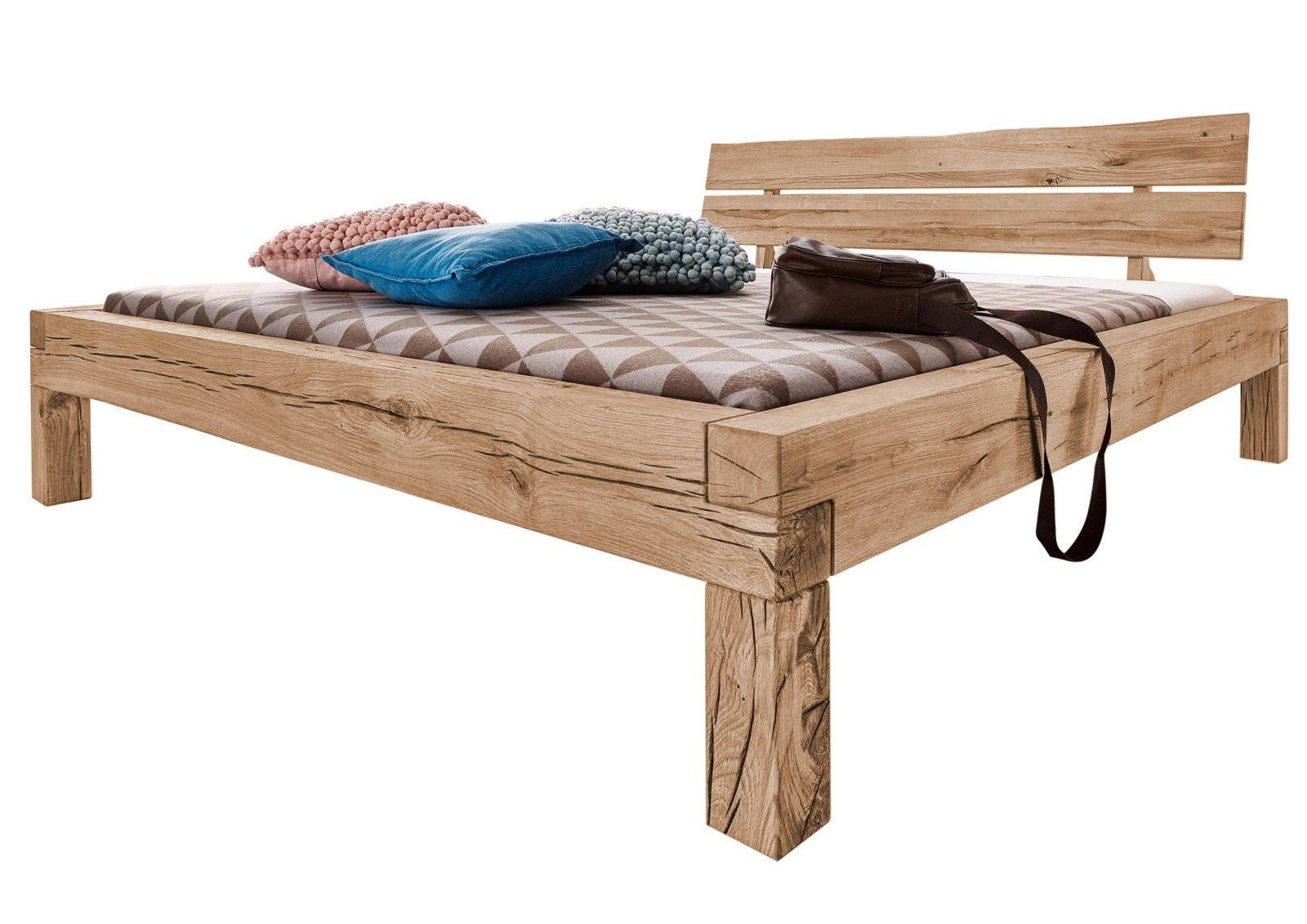 BALKENBETT Wildeiche 200x200 bianco geölt JANGALI #213 - Beige, Holz (200/200cm) - Massivmoebel24