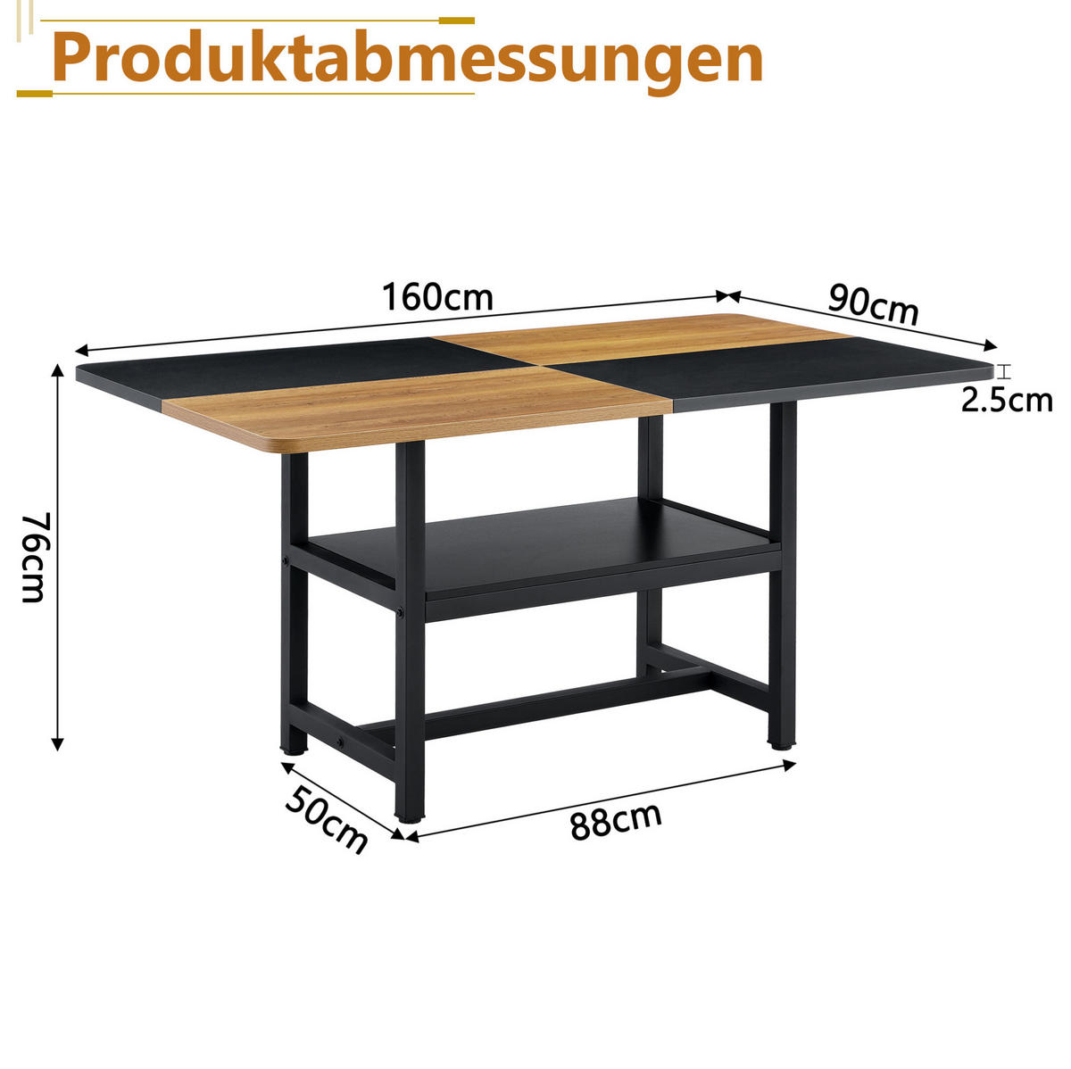 ESSTISCH aus MDF und Metall 160x90x76 cm Braun/Schwarz mit Ablagefach im Industriedesign - Schwarz, Holzwerkstoff (160/90/76cm) - Modfu