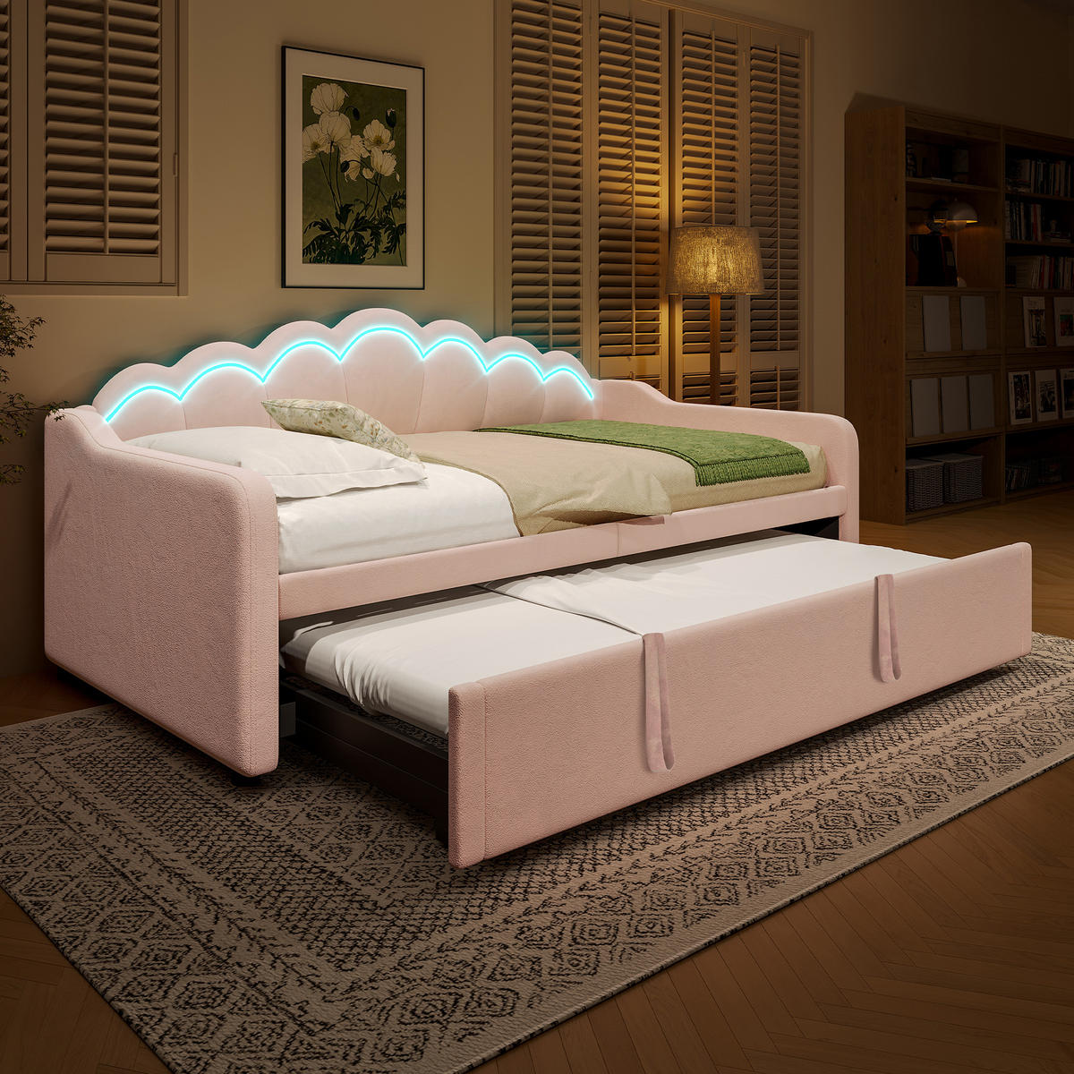 SCHLAFSOFA 90/200 cm & 90/200 cm in Rosa Samt mit Ausziehbett und LED - Rosa, Holzwerkstoff/Textil (90/200cm) - WISHDOR
