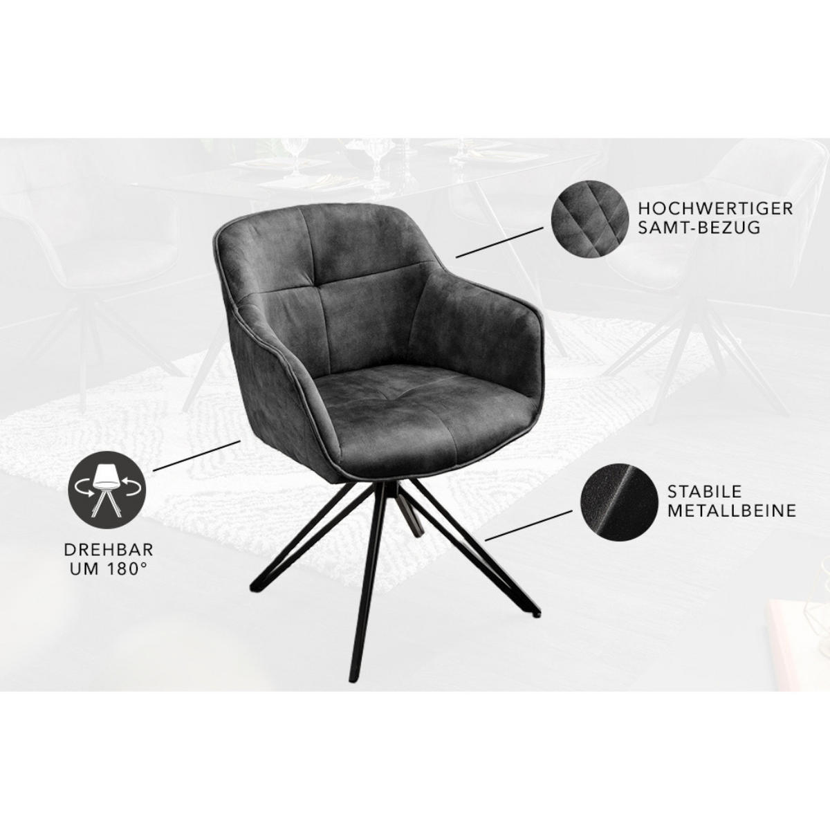 STUHL EUPHORIA Samt Dunkelgrau, Schwarz - Grau, Textil (58/82/60cm) - riess-ambiente