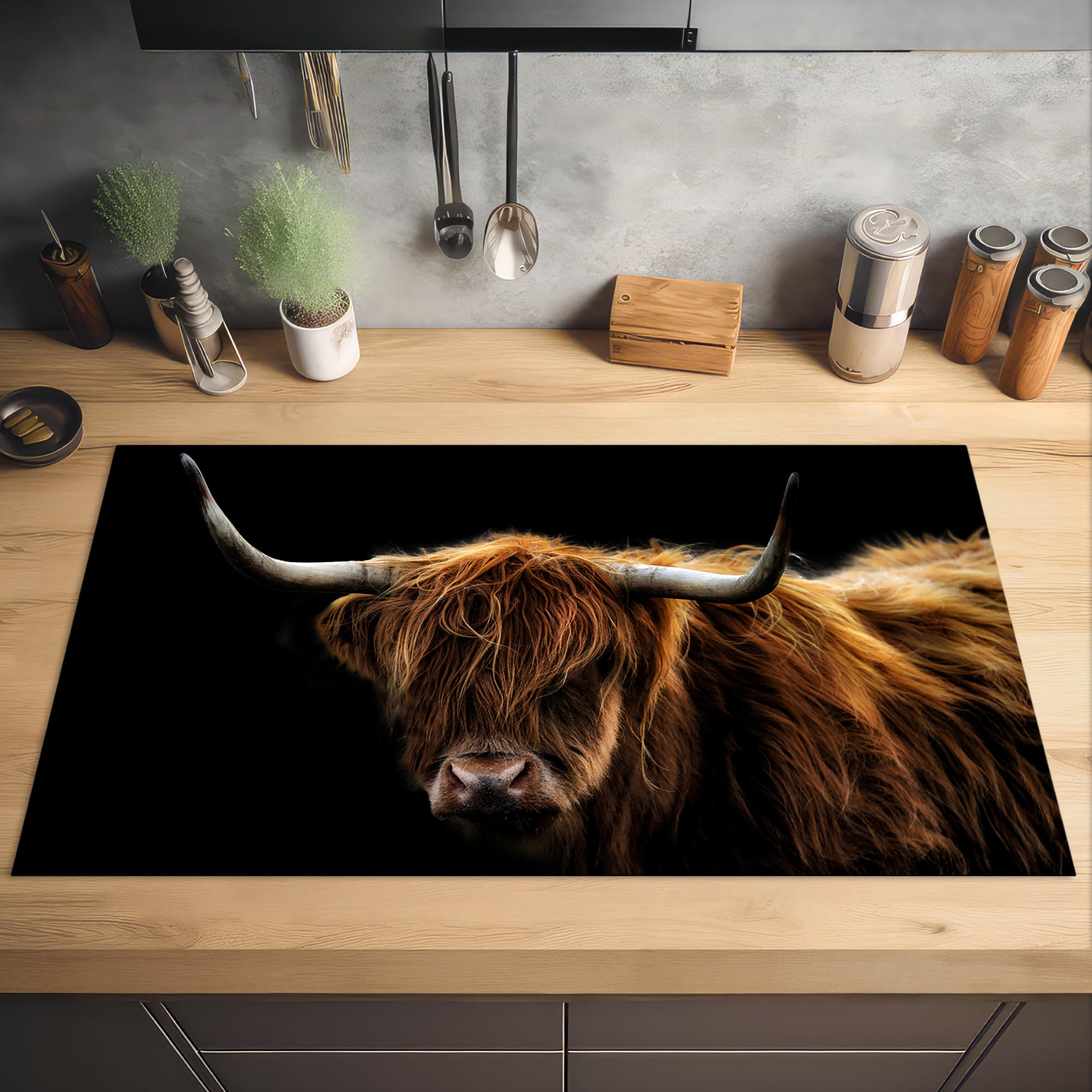 HERDABDECKPLATTE Schottischer Highlander - Hörner - Schwarz - Tiere - Natur - Wild - Kuh 91x52 cm - Cognac, Kunststoff (91.6/0.2/52.7cm) - MuchoWow