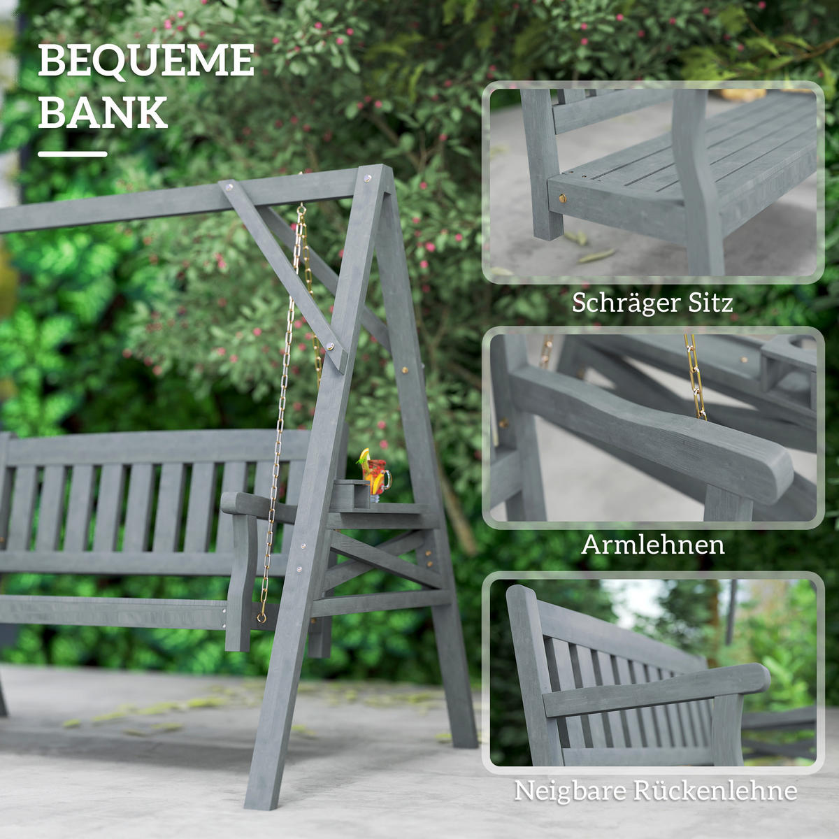 HOLLYWOODSCHAUKEL Grau 183.0/120.0/160.0cm - Grau, Holz (120/160/183cm)