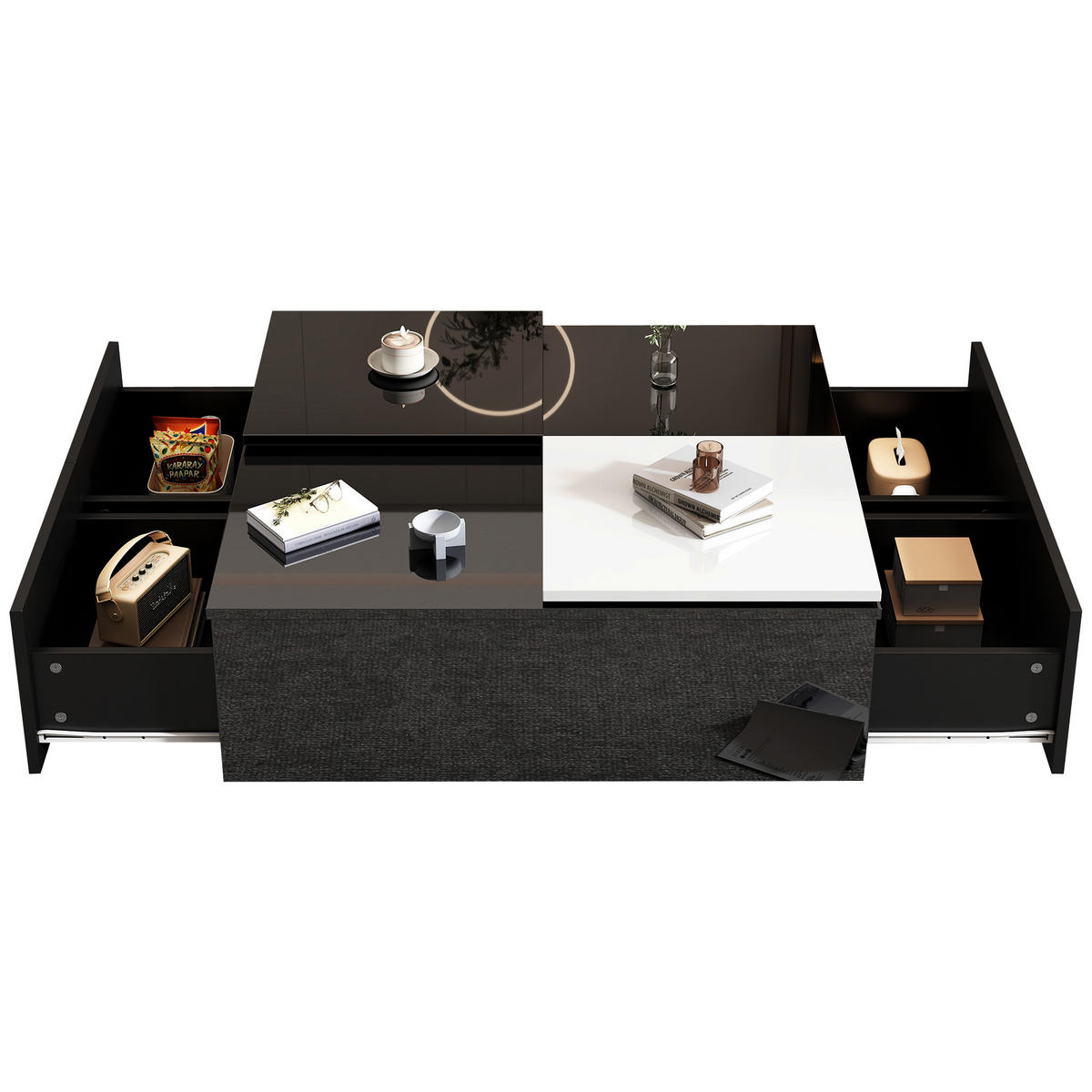 COUCHTISCH 75/75/33,5 cm hochglänzend schwarz mit weißen Kontrasten und verschiebbaren Tischplatten - Schwarz, Holzwerkstoff (75/75/33.5cm) - OKWISH