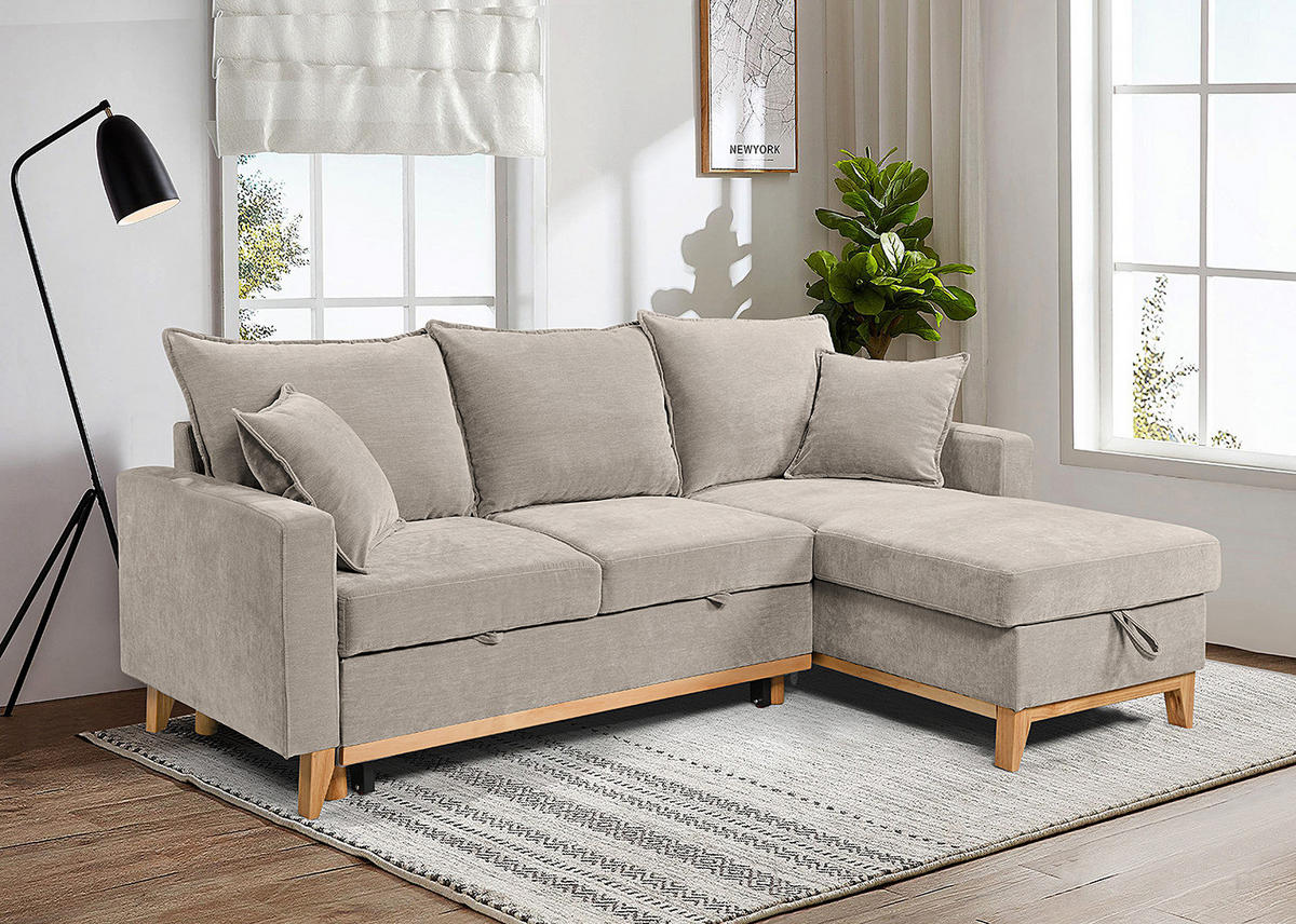 ECKSOFA mit Schlaffunktion - Flachgewebe - Hellbraun/Grau, Holz/Textil (214/145cm) - home24