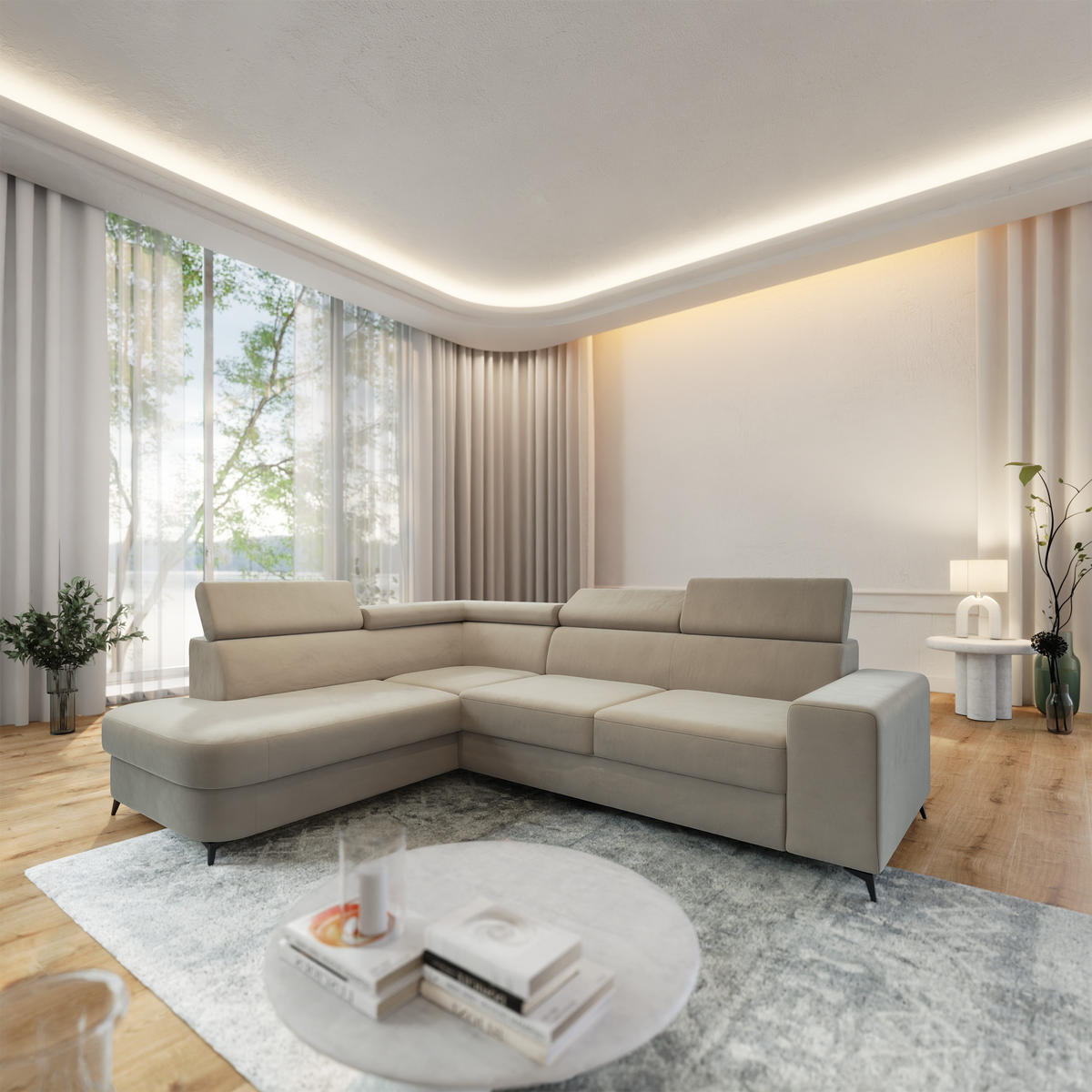 ECKSOFA ALVORO L-S Beige Velours-Stoff mit Schlaffunktion - Beige, Holz (253/190cm) - MASSENO