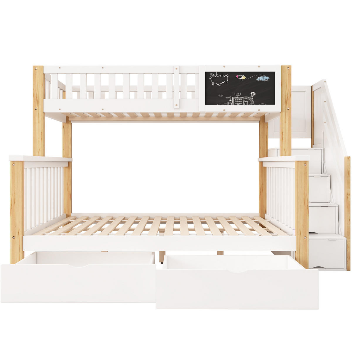 ETAGENBETT 90/200 cm in Weiß/Hell-Eiche mit Tafel und Stauraum - Weiß, Holz (90/200cm) - OKMYHOME