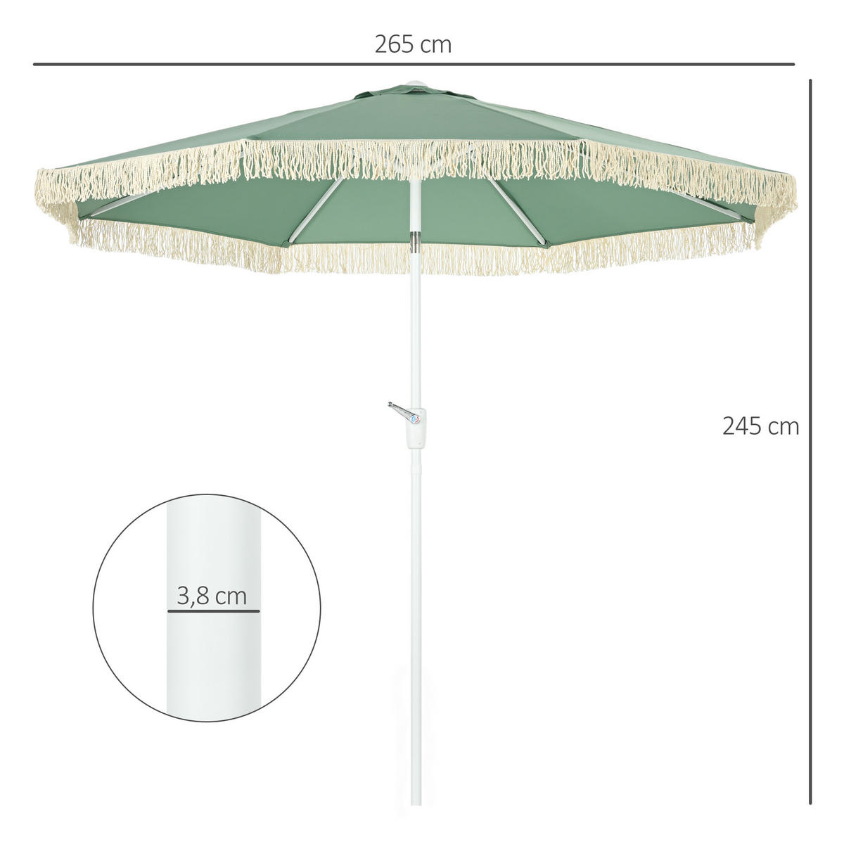 SONNENSCHIRM DE-11467 neigbar, mit Fransen, Kurbel Grün - Grün, Textil (265/265cm) - ComfortXL