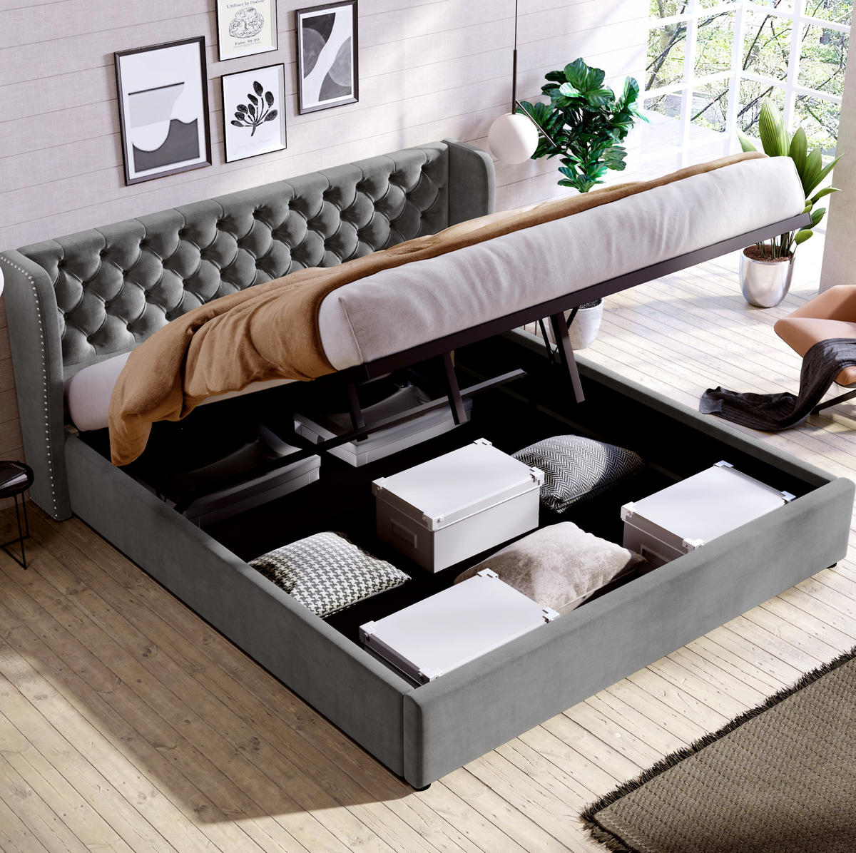 POLSTERBETT mit Bettkasten 180x200 cm Samt Grey - Grau, Metall (180/200cm) - Meubliv