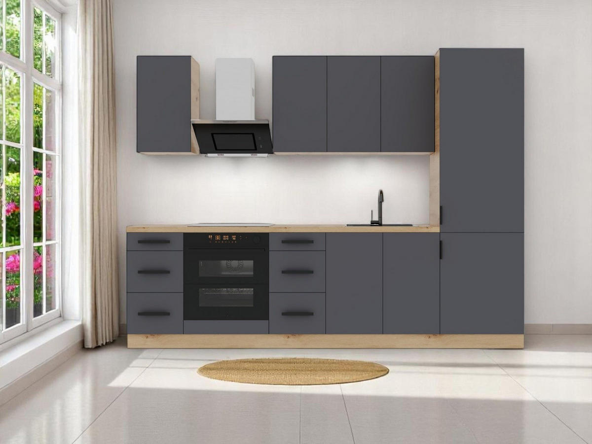 KÜCHENZEILE 280 cm – Nexa K98-G280 – in Grau / Matt - Schwarz/Grau, Holz/Metall (280/212/58cm) - ROYAL24_MARKT