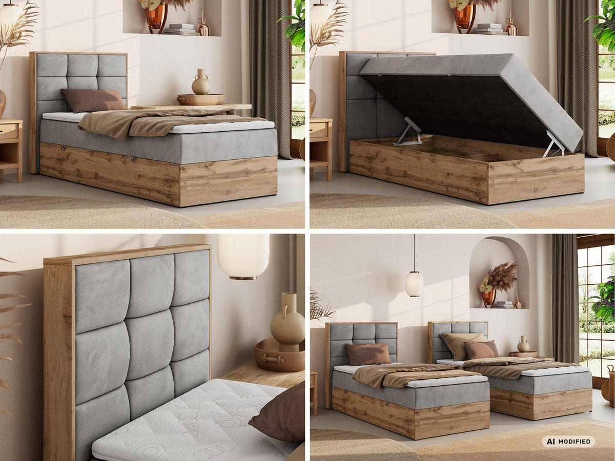 BOXBETT ALBERO 1 90/200 - Hellgrau Velvet - Topper Visco - H3 - Links - Hellgrau/Schwarz, Kunststoff/Textil (90/200cm) - MKS