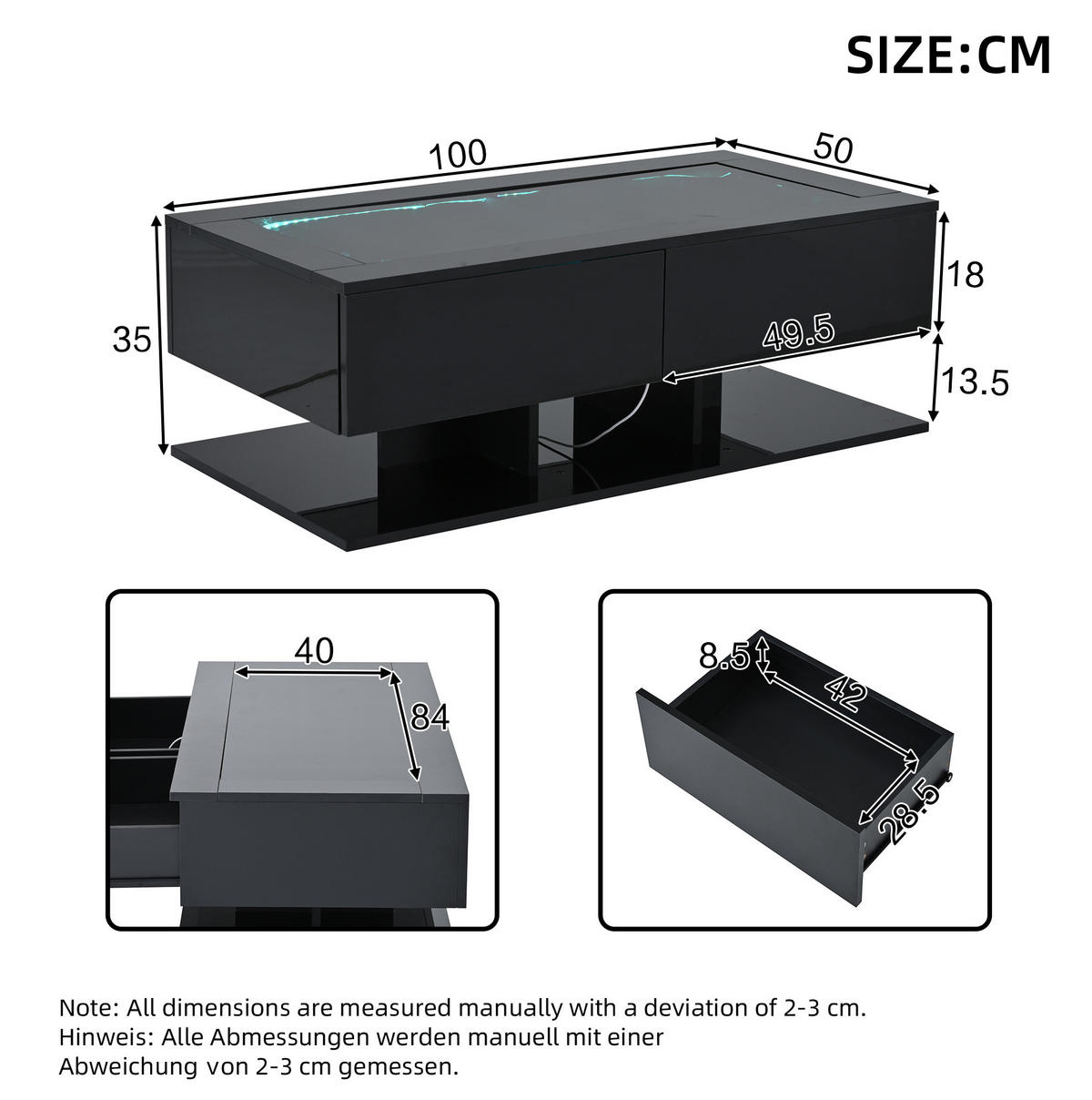 COUCHTISCH aus Spanplatte und gehärtetem Glas 100x50x35 cm Schwarz mit LED-Beleuchtung und 2 Schubladen - Schwarz, Holzwerkstoff (100/50/35cm) - IVMEU
