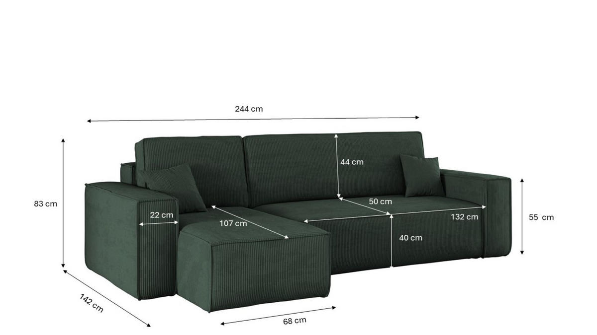 ECKSOFA Mit Schlaffunktion Und Bettkasten BEST Stoff Poso Dicker Cord Grün Links - Grün, Holz/Textil (142/244cm) - Kaiser Möbel