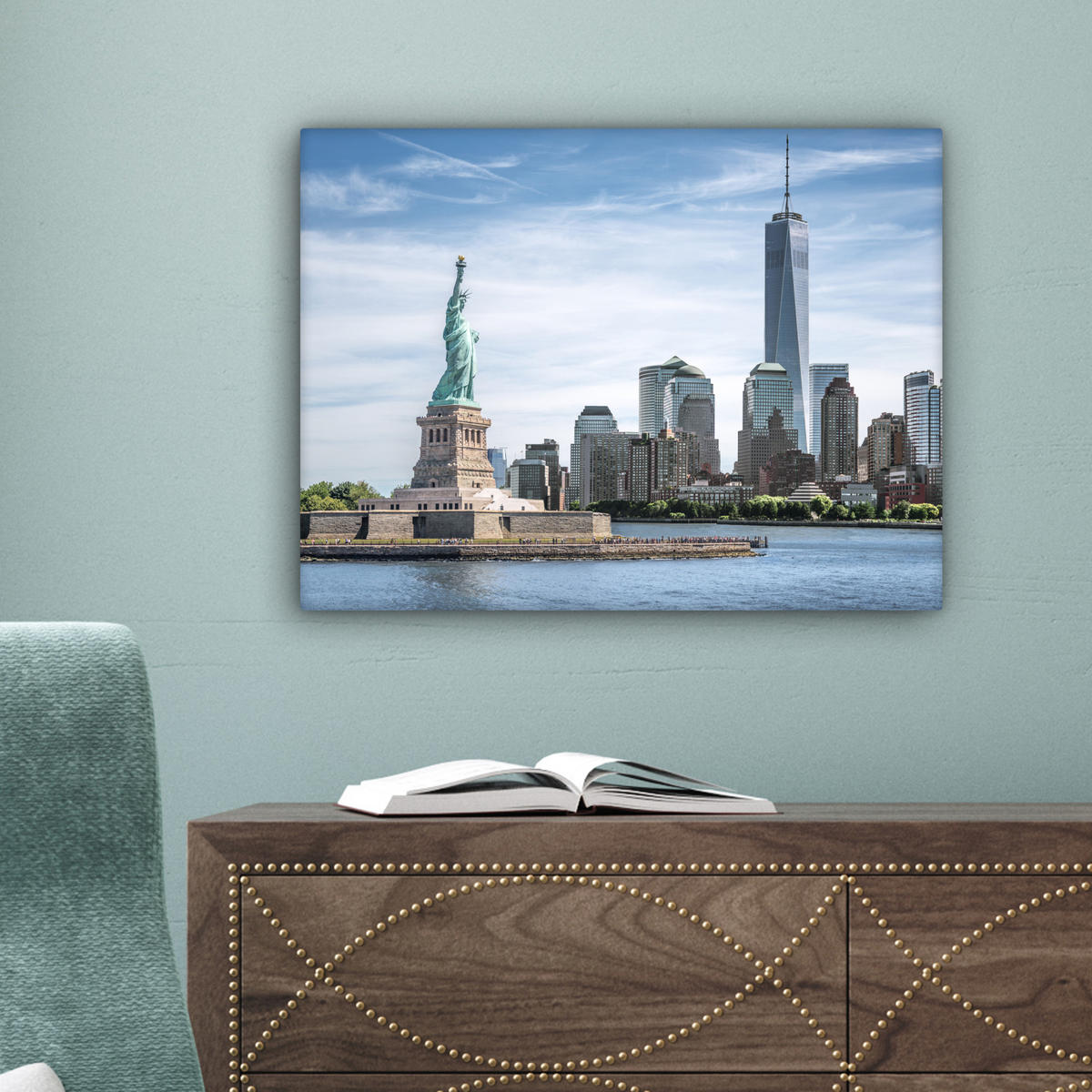 LEINWANDBILD New York - Freiheitsstatue - Wasser Wandbild 40x30 cm - Hellblau, Textil (40/30cm) - MuchoWow