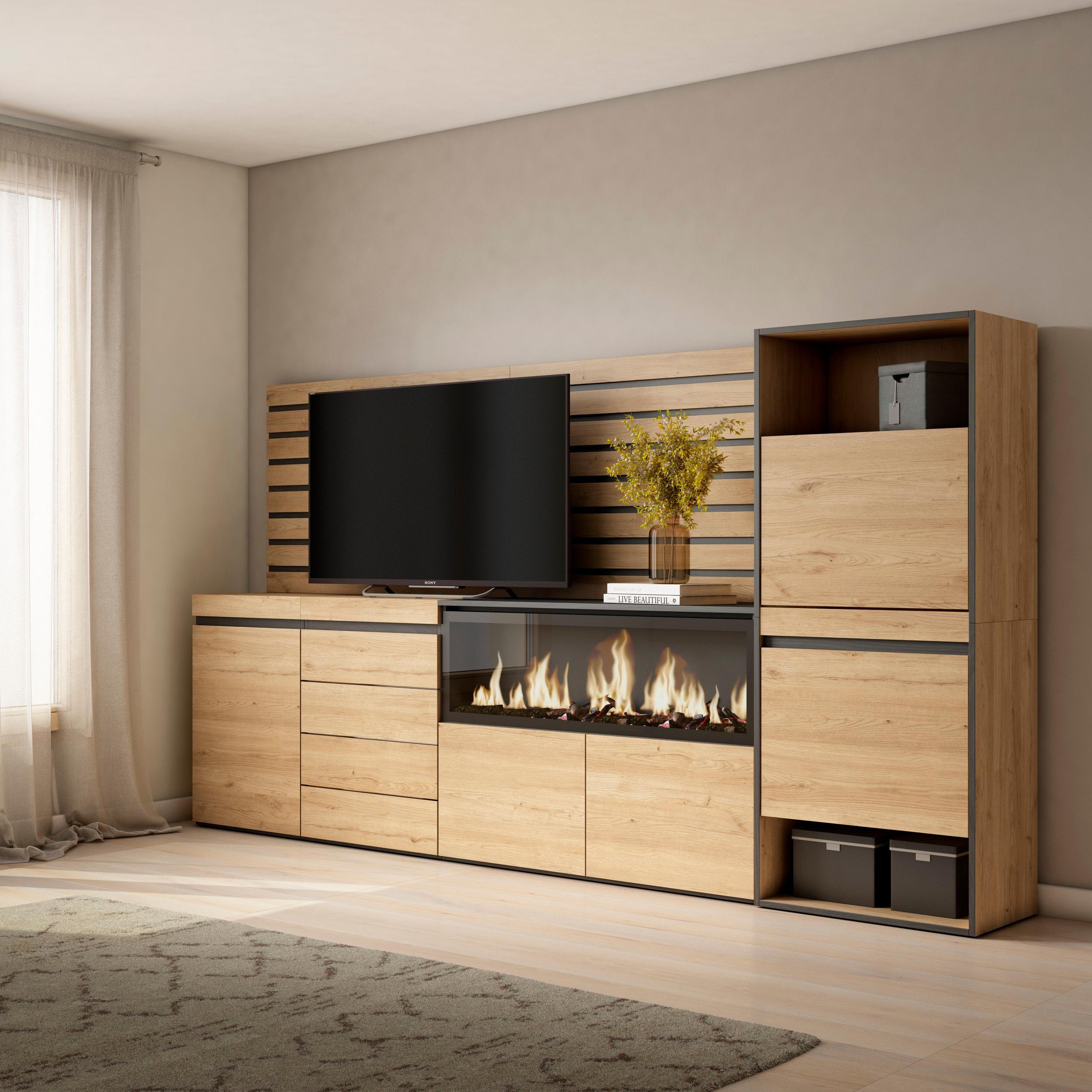 WOHNWAND mit Elektrokamin, eiche, 274/35/145cm - Eichefarben, Holzwerkstoff (274/145/35cm) - Skraut Home