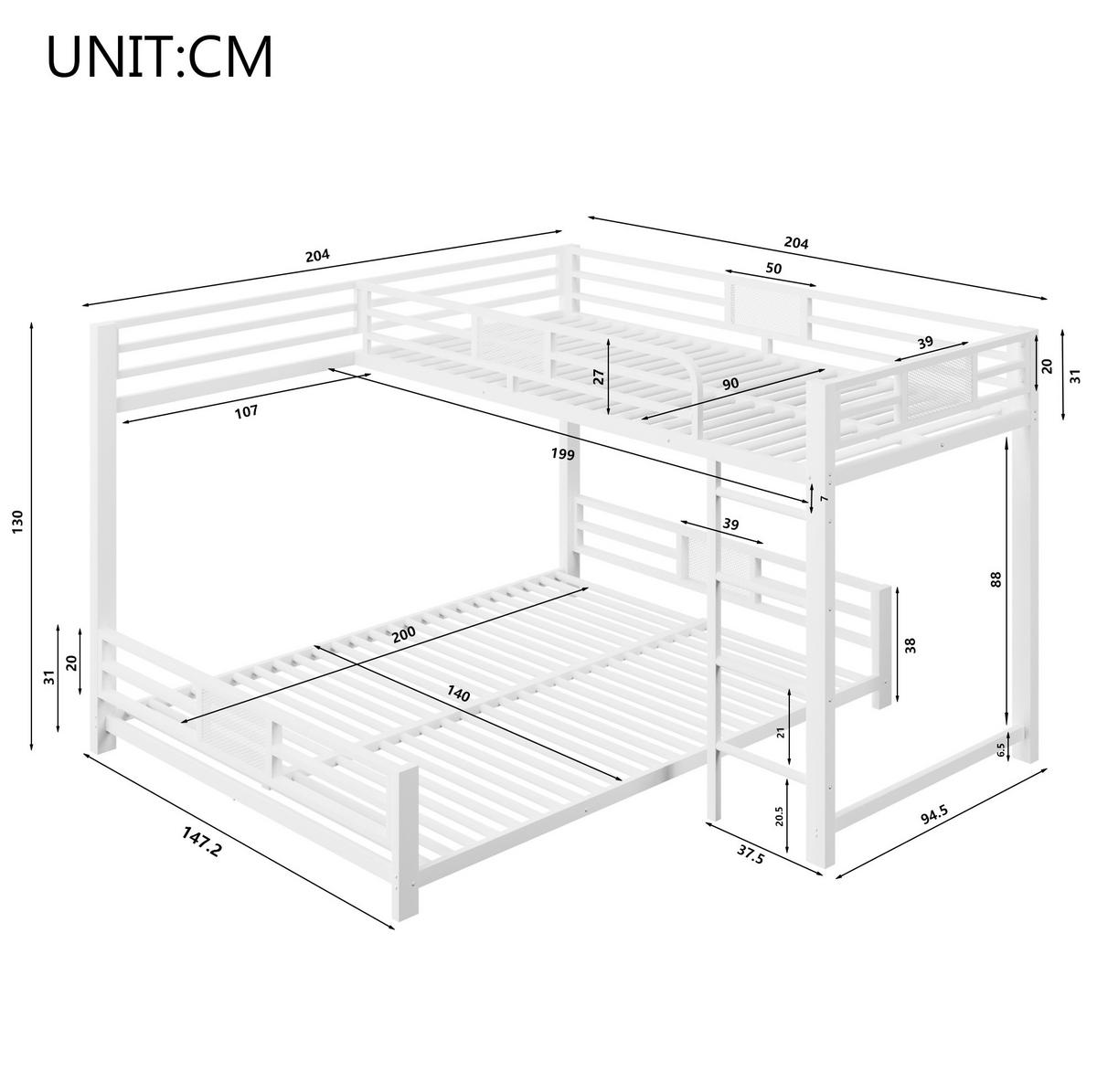 ETAGENBETT aus Metall 204x204x130 cm Weiß mit Schutzgittern, platzsparendem L-Design und Metalllattenrost - Weiß, Metall (90/200cm) - Modfu