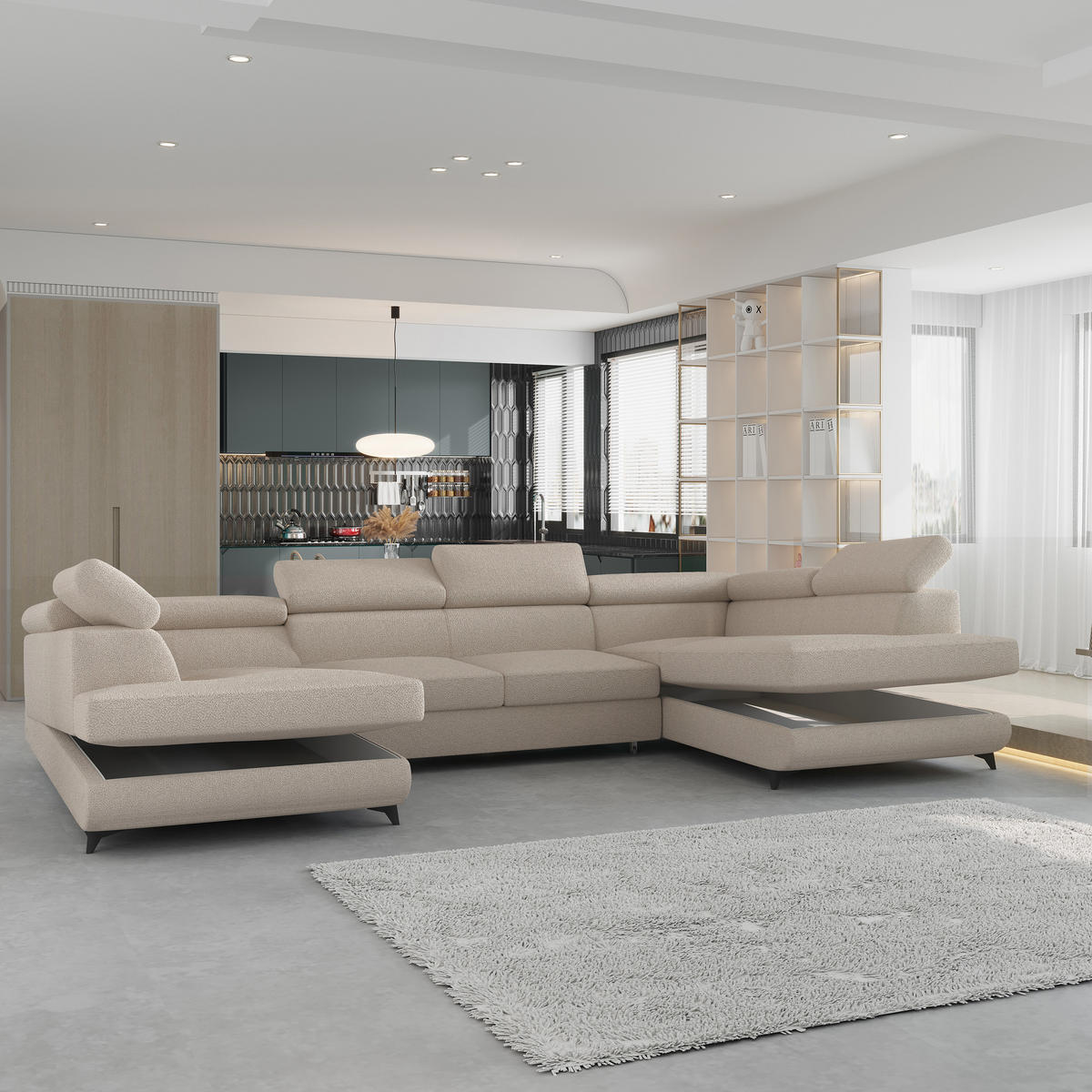 WOHNLANDSCHAFT VINTESSA Beige Boucle-Stoff mit Schlaffunktion - Beige, Holz (323/89/190cm) - MASSENO