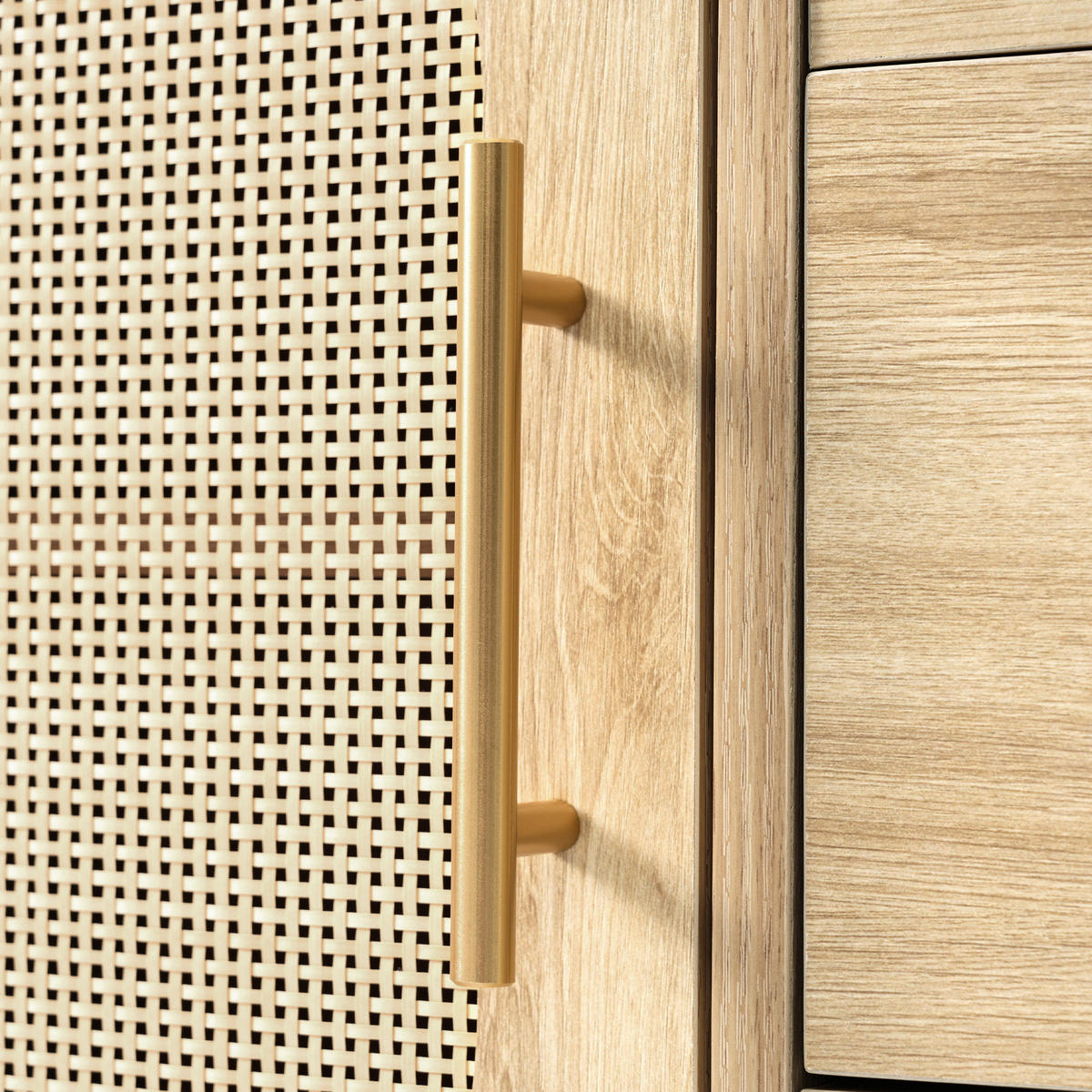 KOMMODE in Eichenfarben Sideboard mit Rattan-Türen und Schubladen für Wohnzimmer und Schlafzimmer, B120/T40/H74 cm - Eichefarben/Goldfarben, Holzwerkstoff/Metall (120/74/40cm) - STILVORA