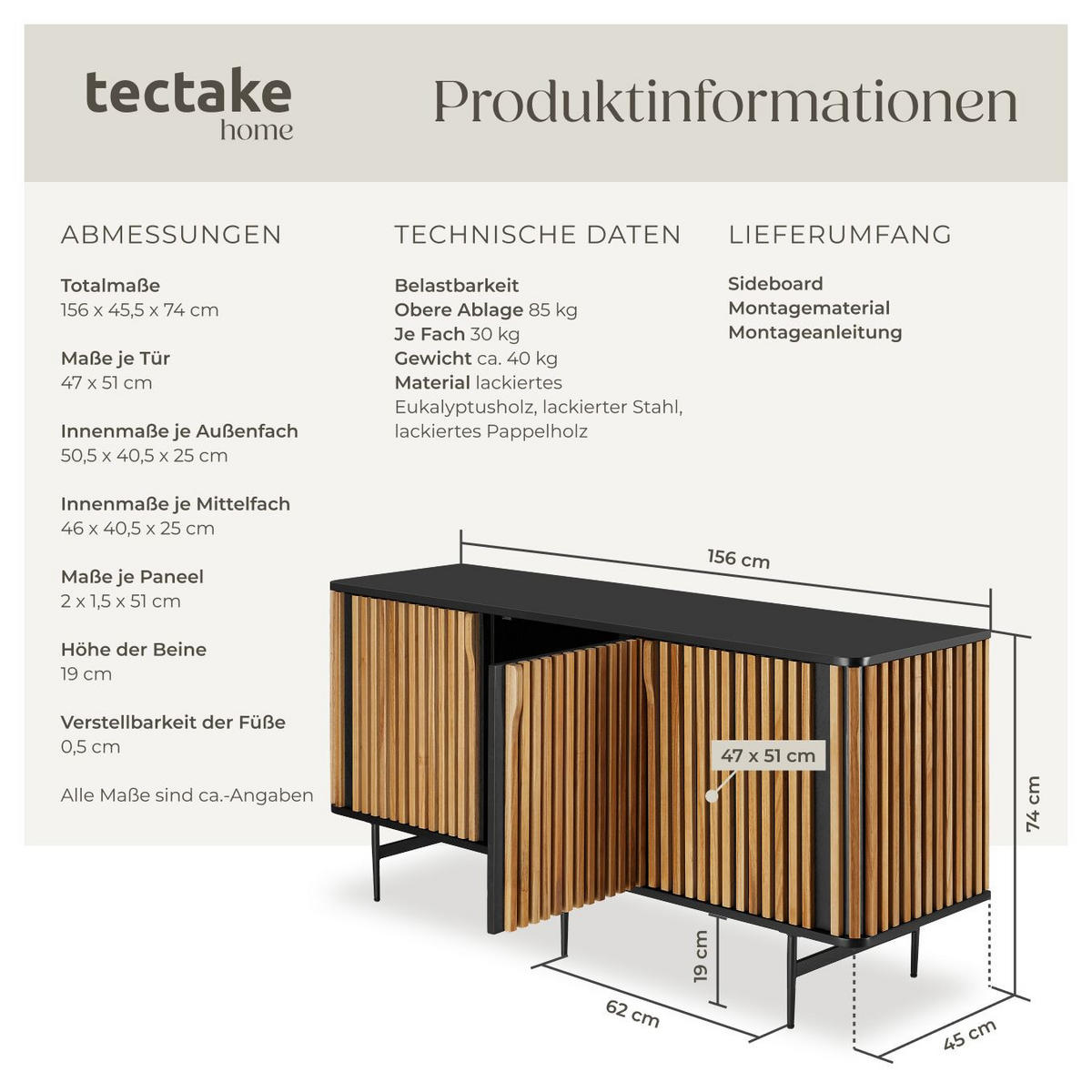 SIDEBOARD Lineo,156 x 45,5 x 74 cm, höhenverstellbare Füße,schwarz/braun - Schwarz/Braun, Holz (156/74/45.5cm) - tectake
