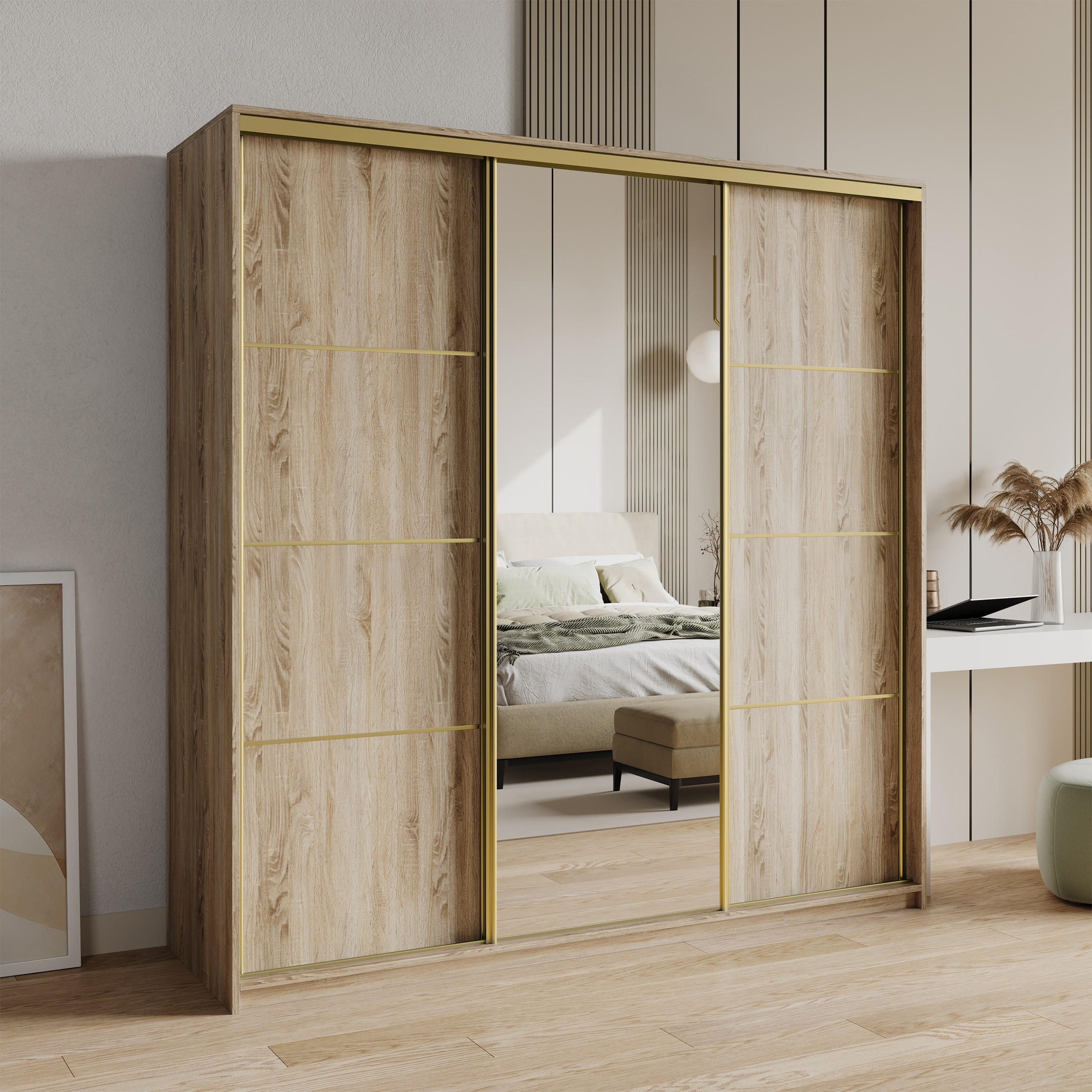 SCHWEBETÜRENSCHRANK VARO 180/205/60 cm 3-türig mit Spiegel und Schubladen Sonoma Eiche - Goldfarben/Sonoma Eiche, Holzwerkstoff (180/205/60cm) - MASSENO