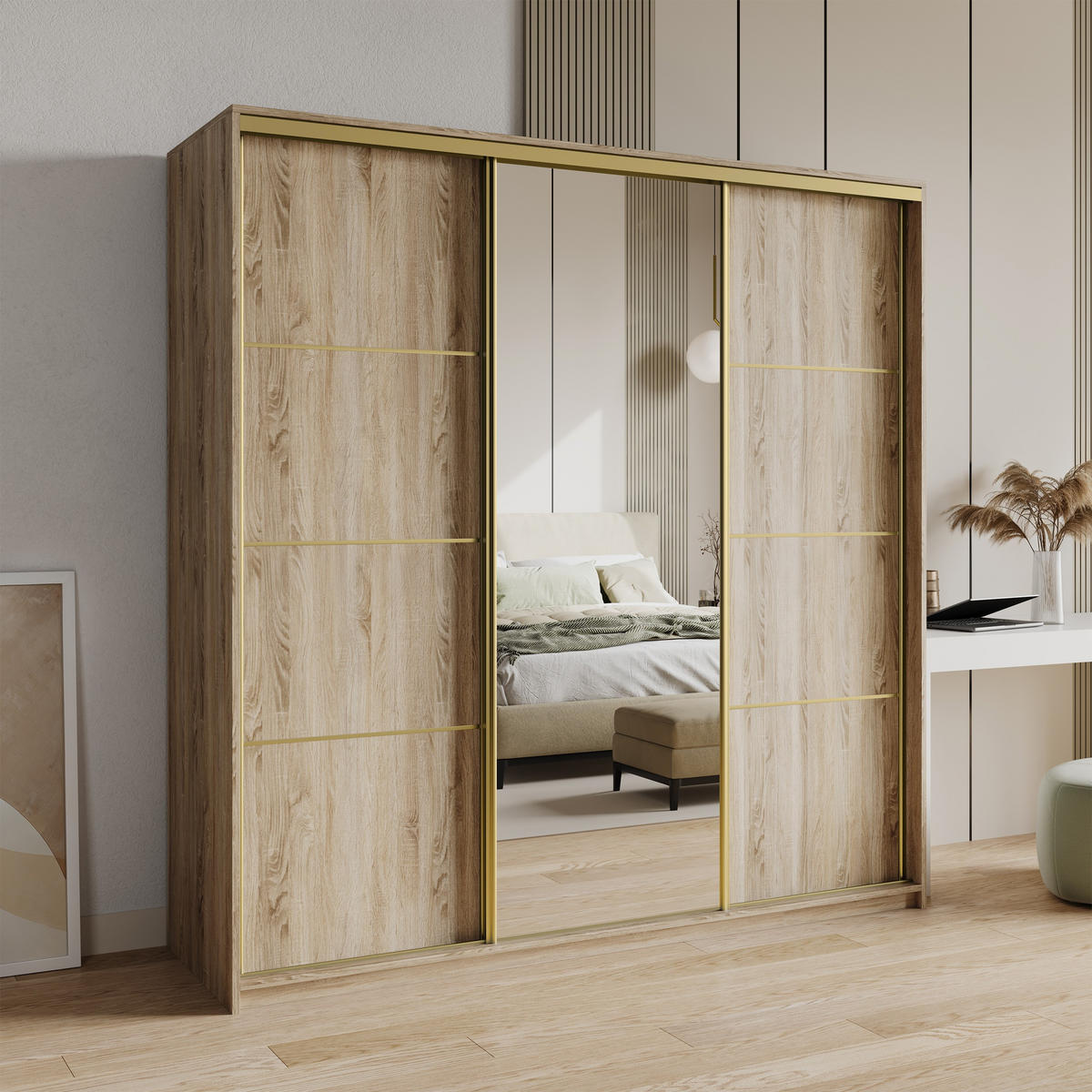 SCHWEBETÜRENSCHRANK VARO 200/205/60 cm 3-türig mit Spiegel Sonoma Eiche - Sonoma Eiche, Holzwerkstoff (200/205/60cm) - MASSENO
